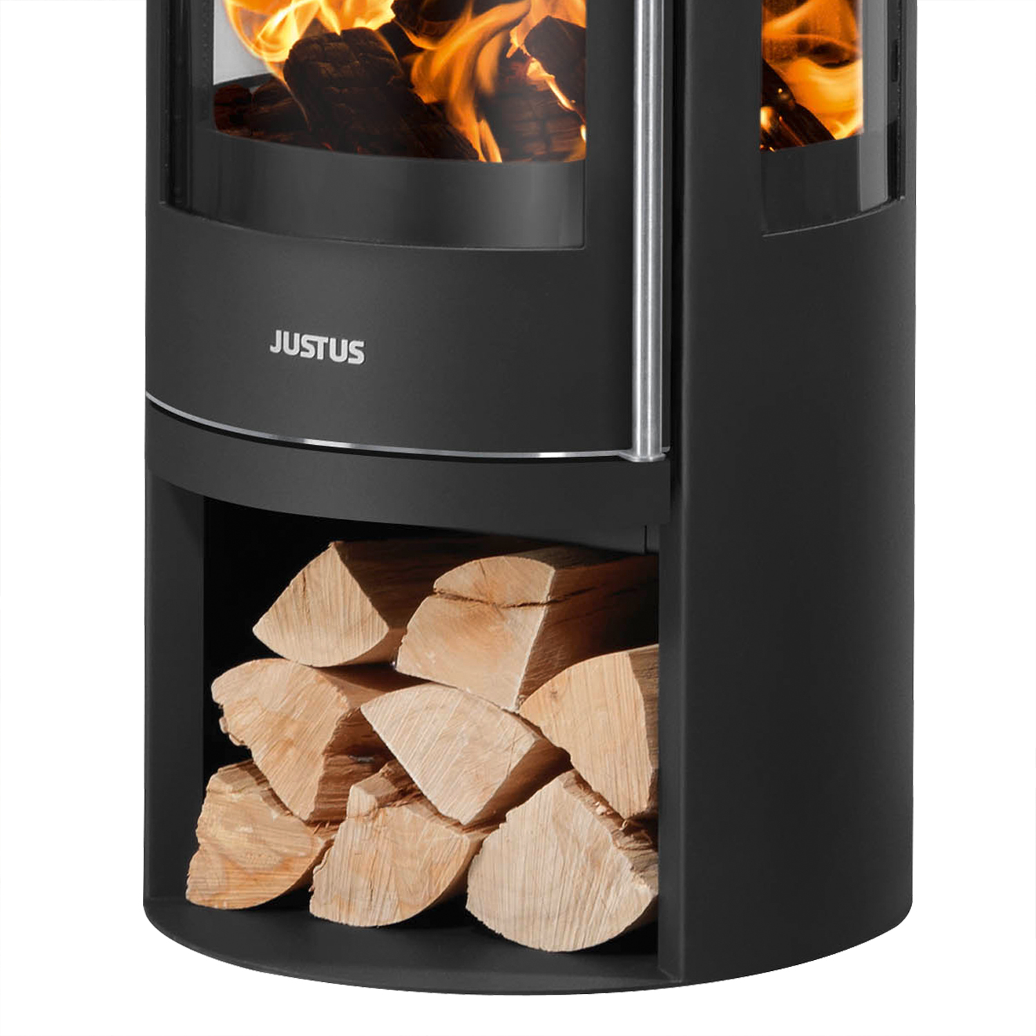 Justus Mino Trios 2.0 Poêle à bois en acier noir avec plaque de recouvrement en céramique blanc soie.