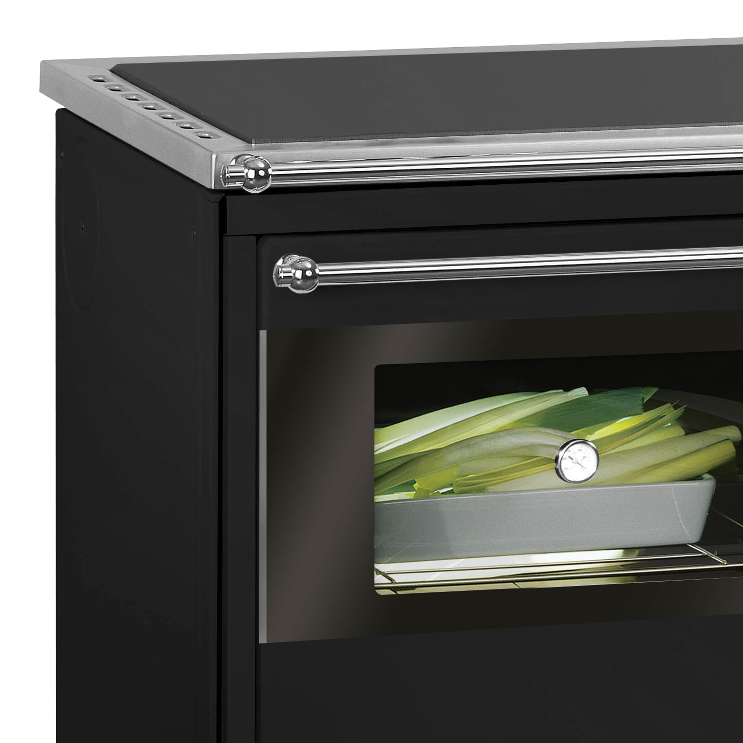 Justus Linz cuisinière à bois noir chromé, gauche