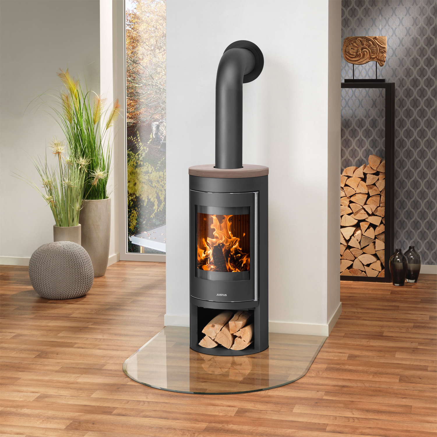 Justus Mino 2.0 Poêle à bois en acier noir avec plaque de recouvrement en céramique Grappa