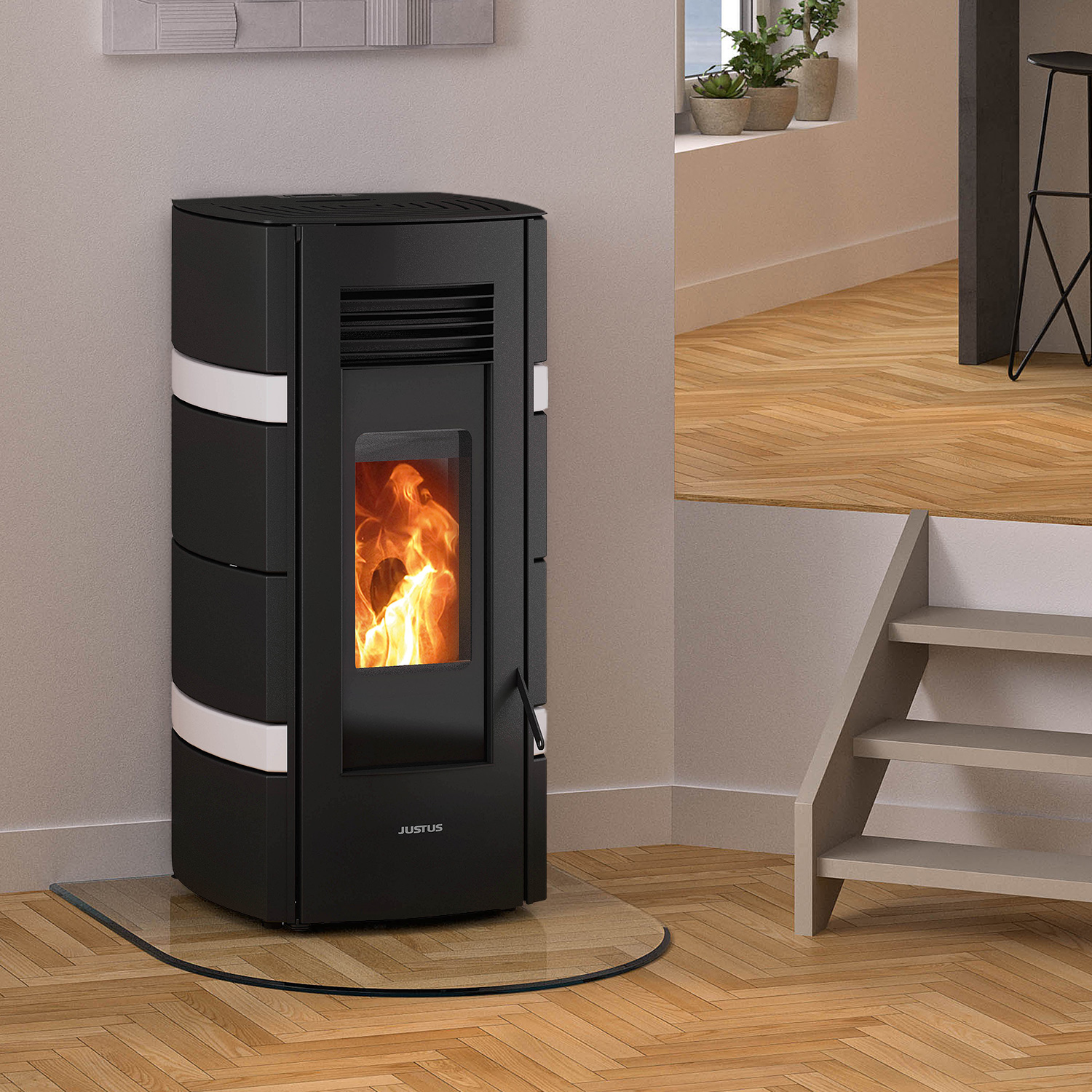 Justus Sia Poêle à granulés Acier Noir / conStone Blanc Justus Sia Poêle à granulés Acier Noir / conStone Blanc