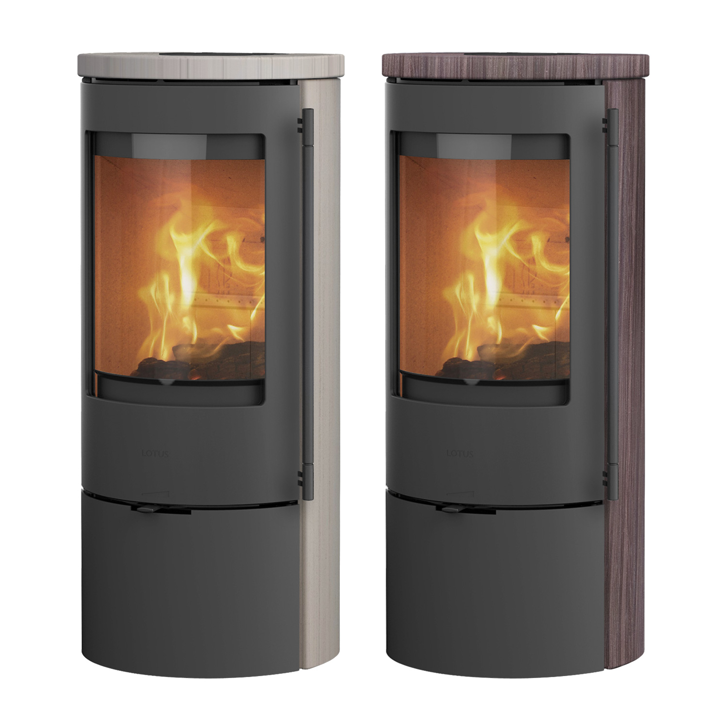 Lotus Prestige Basic S Poêle à bois en calcaire, corps gris, raccordement du conduit de fumée à l'arrière.