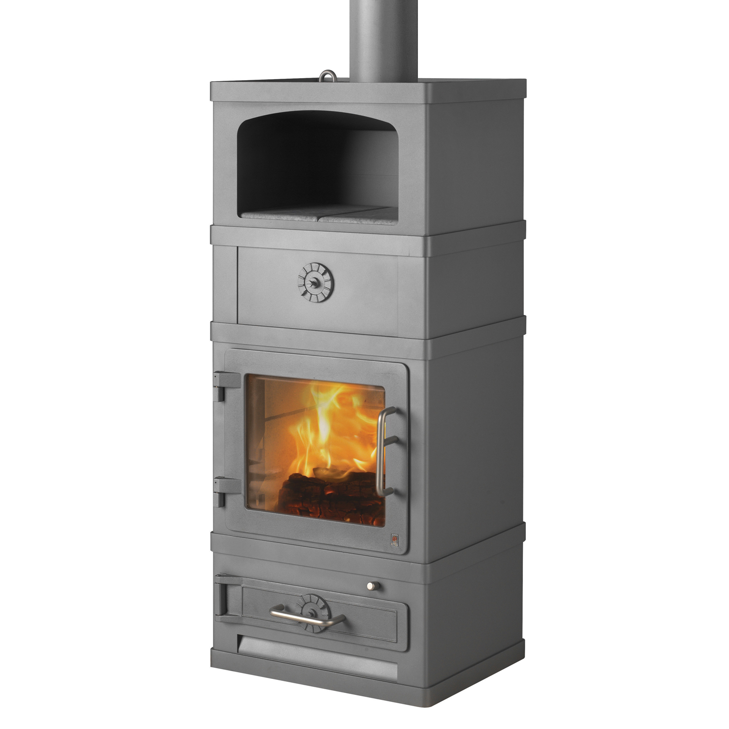 Poêle à bois Lotus 2060 avec compartiment de maintien au chaud, gris, évacuation des fumées par le haut.