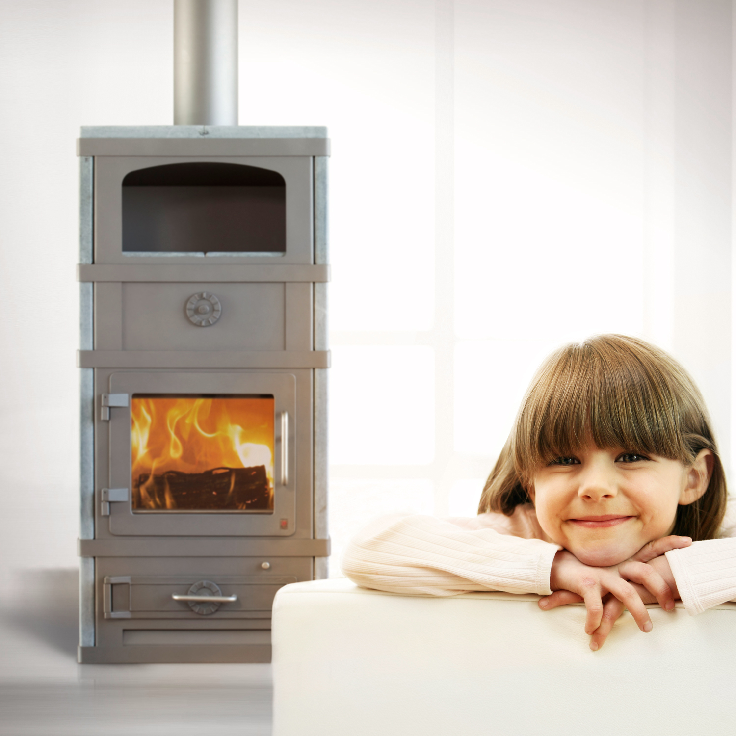 Poêle à bois Lotus 2080 avec compartiment de maintien au chaud Gris, sortie de fumée par le haut