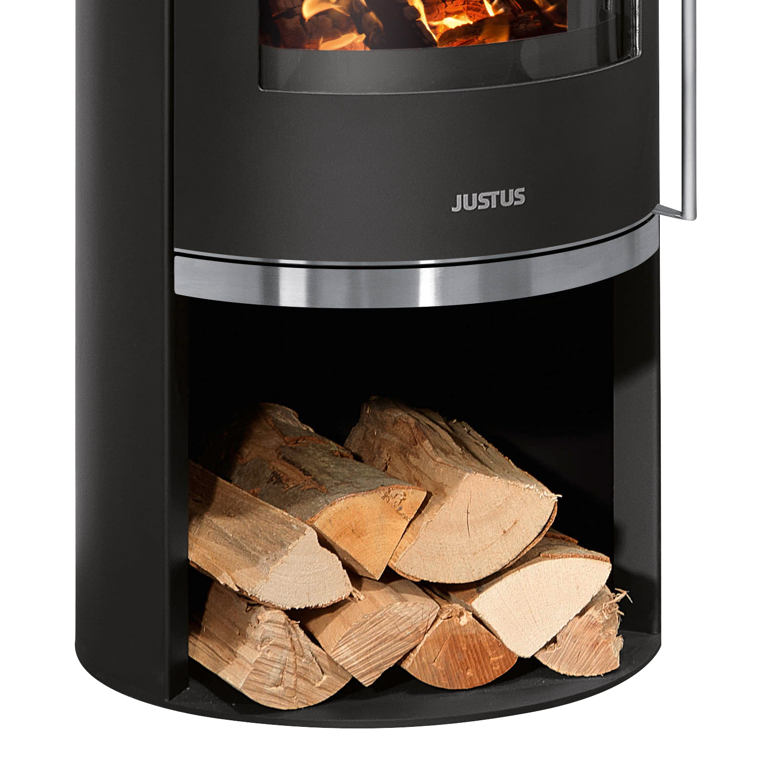 Justus Faro 2.0 Poêle à bois en acier noir avec plaque de recouvrement en pierre calcaire crème.