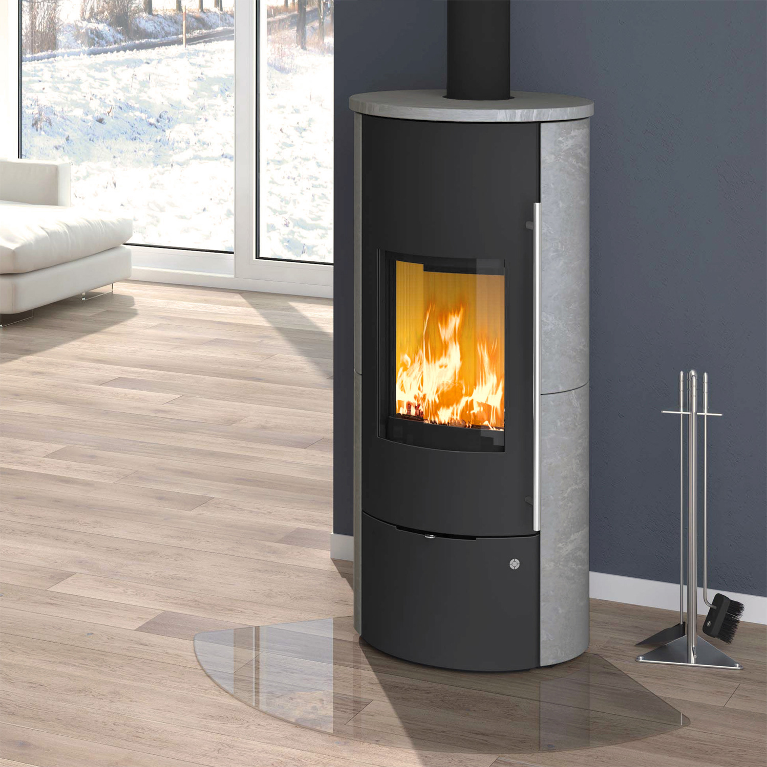 Olsberg Tolima Aqua II Compact Poêle à bois avec échangeur d'eau Acier Noir | Revêtement en pierre naturelle Serpentine