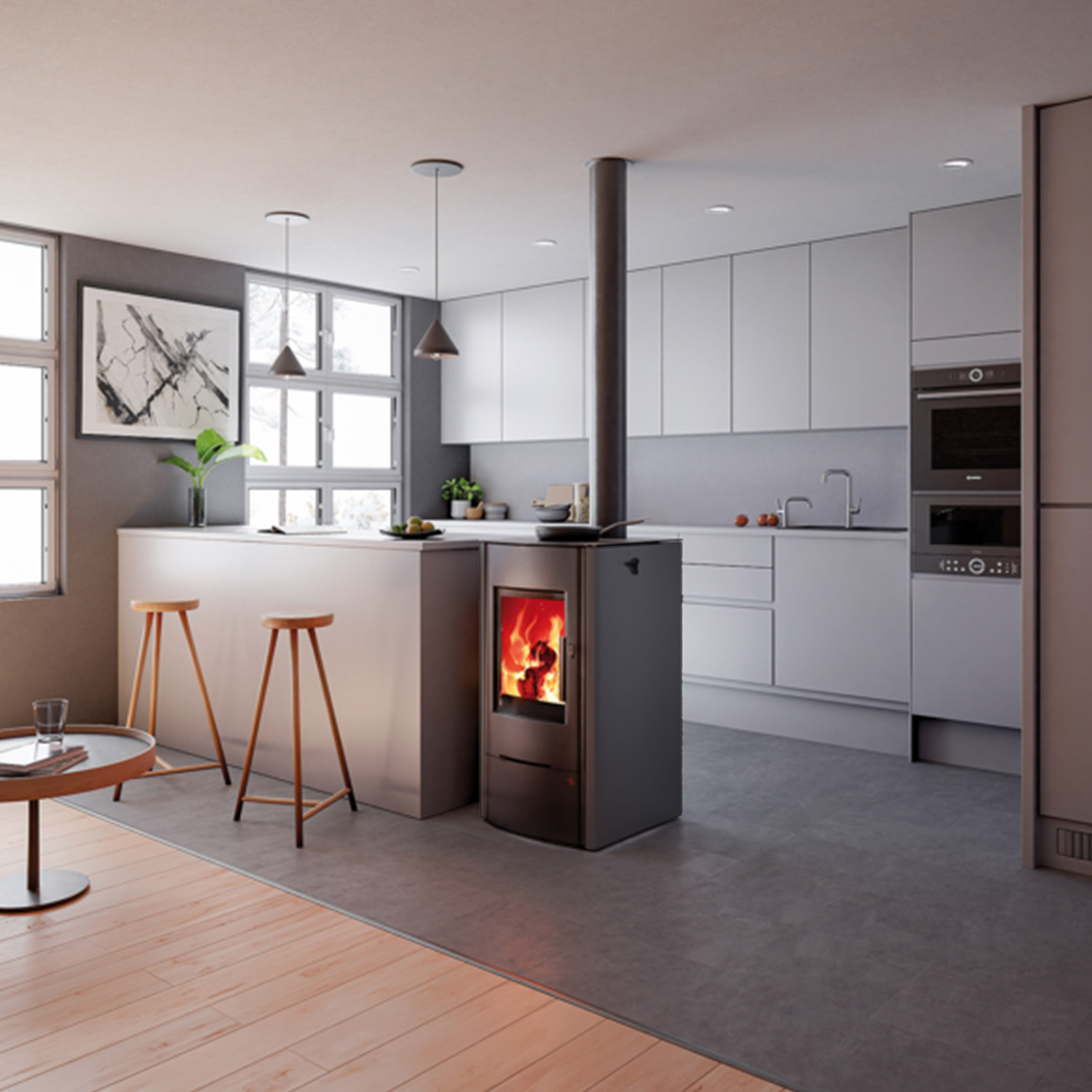 Haas+Sohn ELLMAU COOK easy poêle à bois avec plaque de cuisson vitrocéramique perle-noir