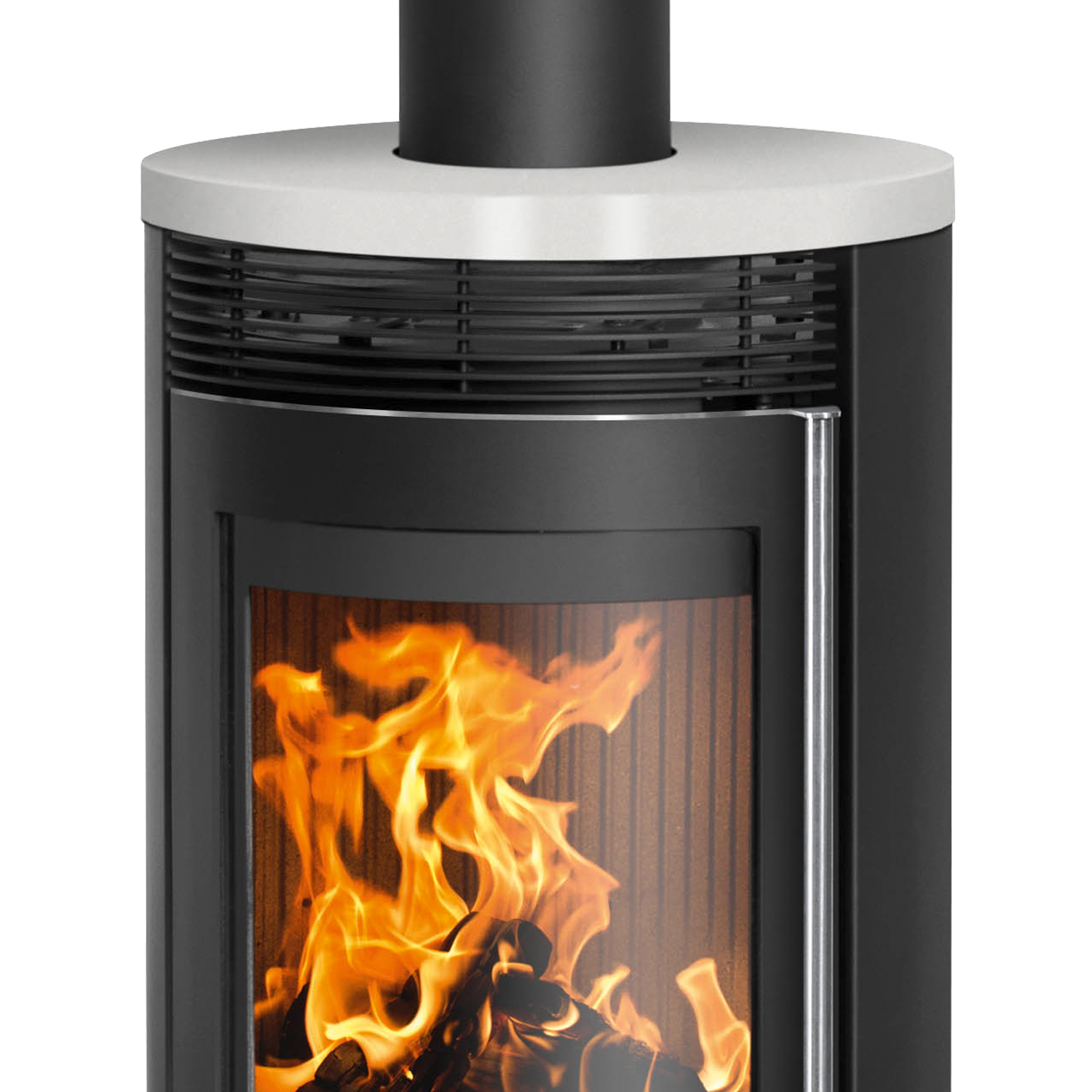 Poêle à bois Oranier Rota 2.0 en acier noir avec plaque de recouvrement en céramique blanc soie.