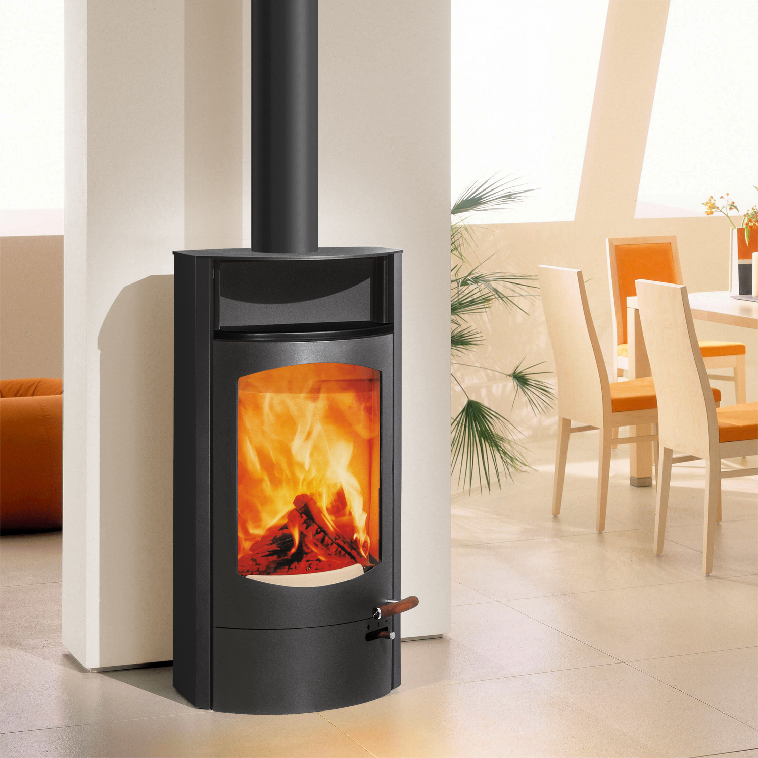 Austroflamm Koko 2.0 Poêle à bois en acier gris fonte, compartiment de maintien au chaud en céramique noire mate, plaque supérieure en fonte, sortie de fumée par le haut Austroflamm Koko 2.0 Poêle à bois en acier gris fonte, compartiment de maintien au chaud en céramique noire mate, plaque supérieure en fonte, sortie de fumée par le haut