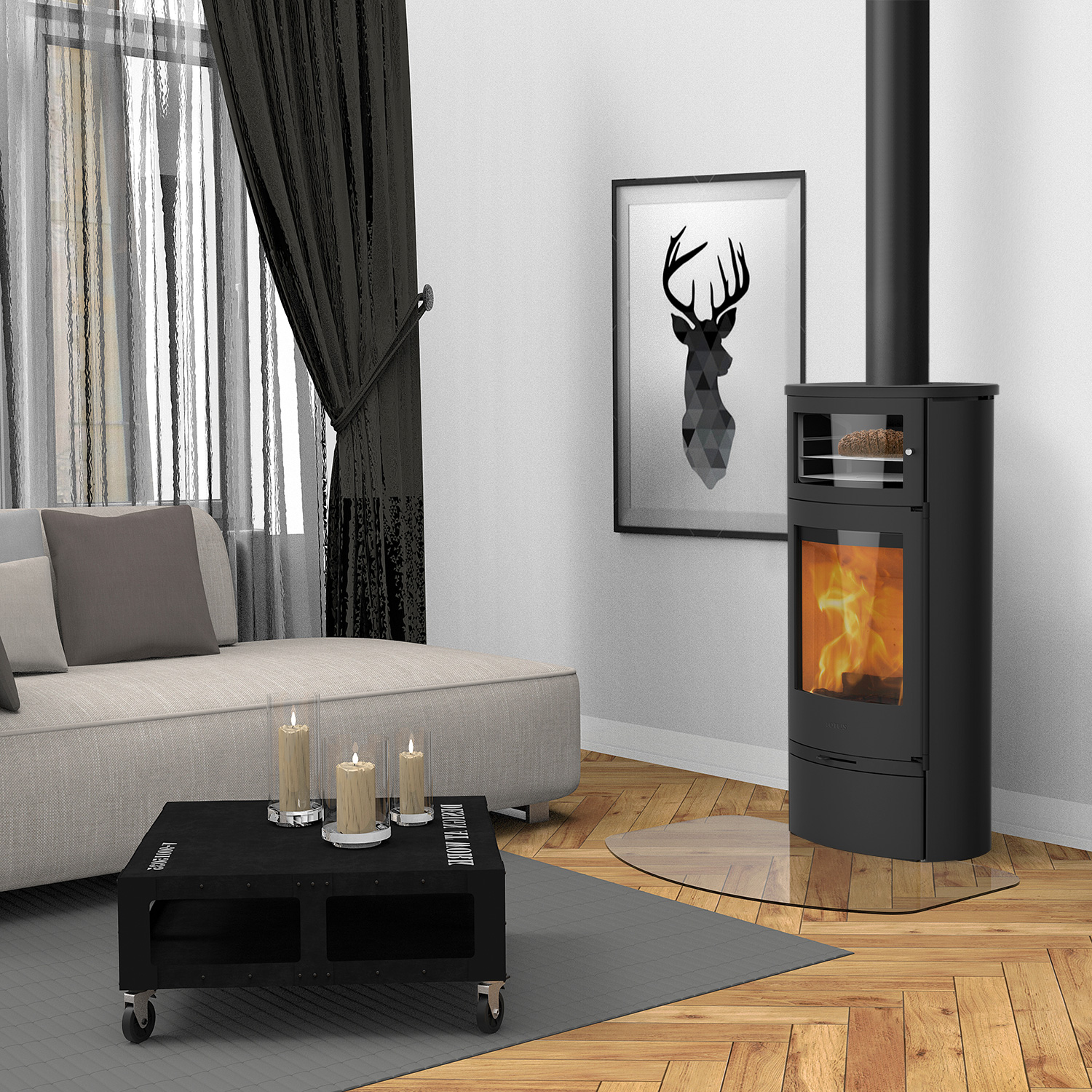 Poêle à bois Lotus Jubilee 35 avec compartiment de maintien au chaud Noir, sortie de fumée par le haut