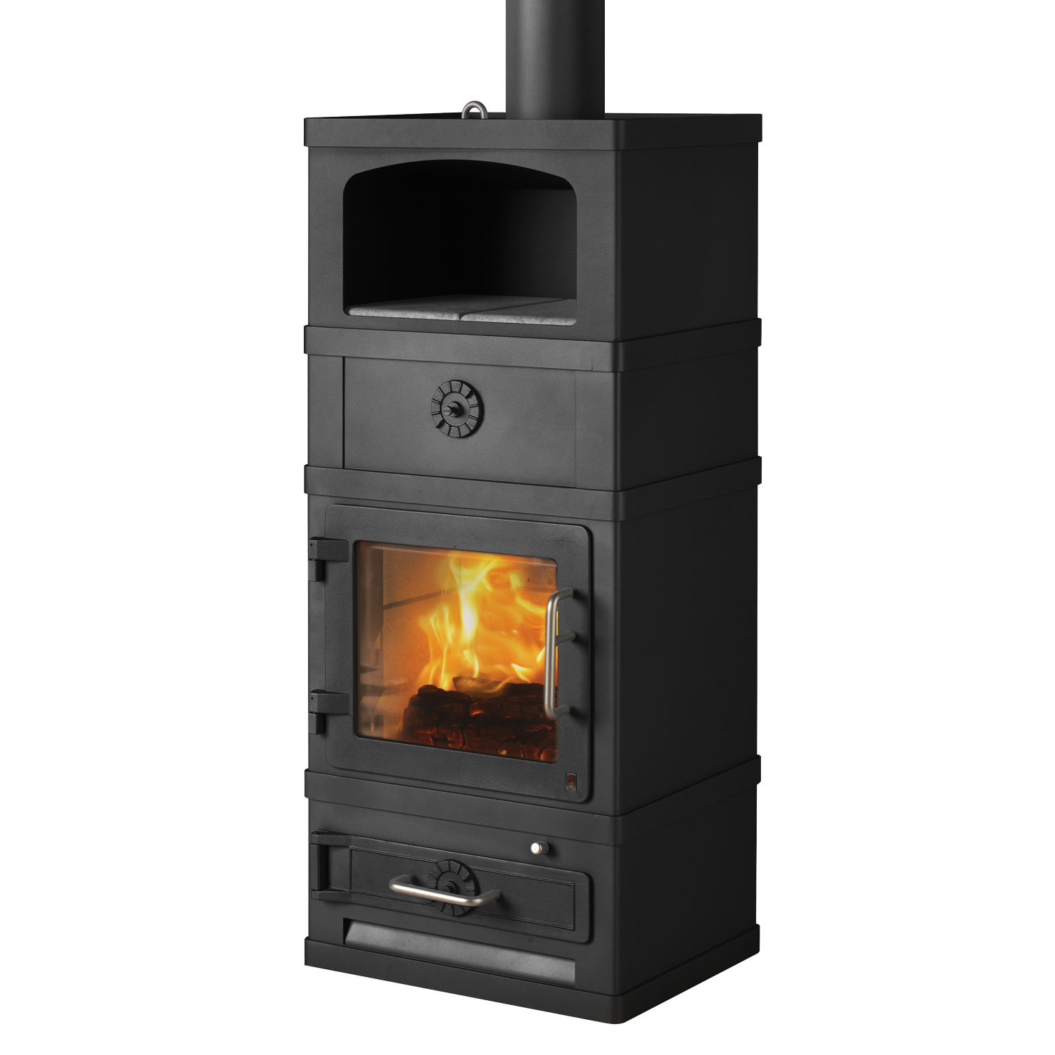 Poêle à bois Lotus 2060 avec compartiment de maintien au chaud, noir, sortie de fumée par le haut.
