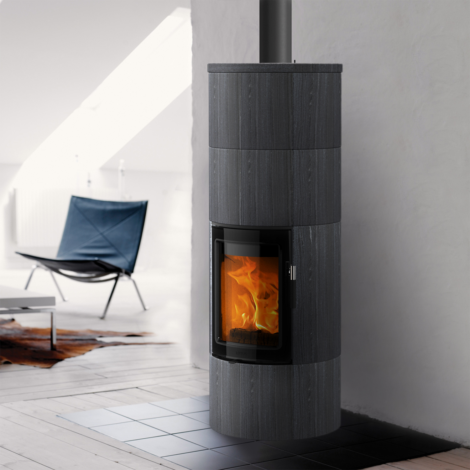 Poêle à bois Lotus Maestro 2 Indian Night, porte Magic, sortie de fumée par le haut