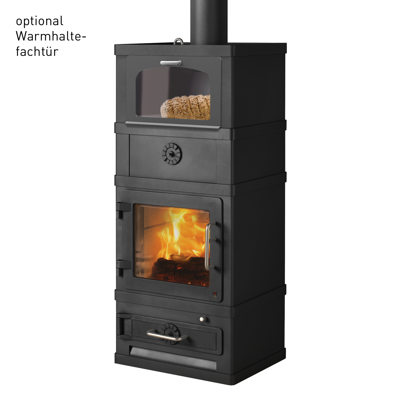 Poêle à bois Lotus 2060 avec compartiment de maintien au chaud, noir, sortie de fumée par le haut.