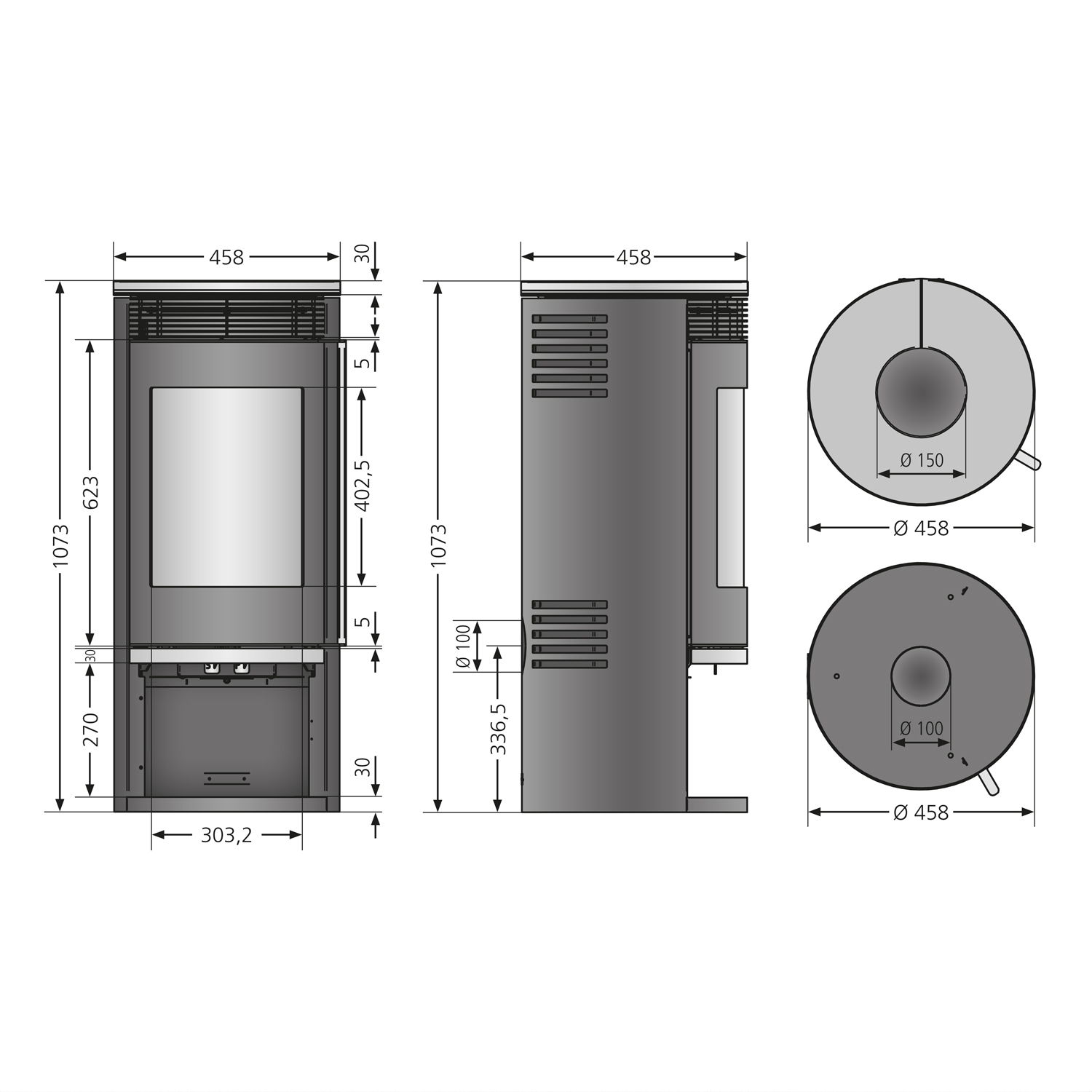 Poêle à bois Oranier Rota 2.0 en acier noir avec plaque de recouvrement en stéatite.