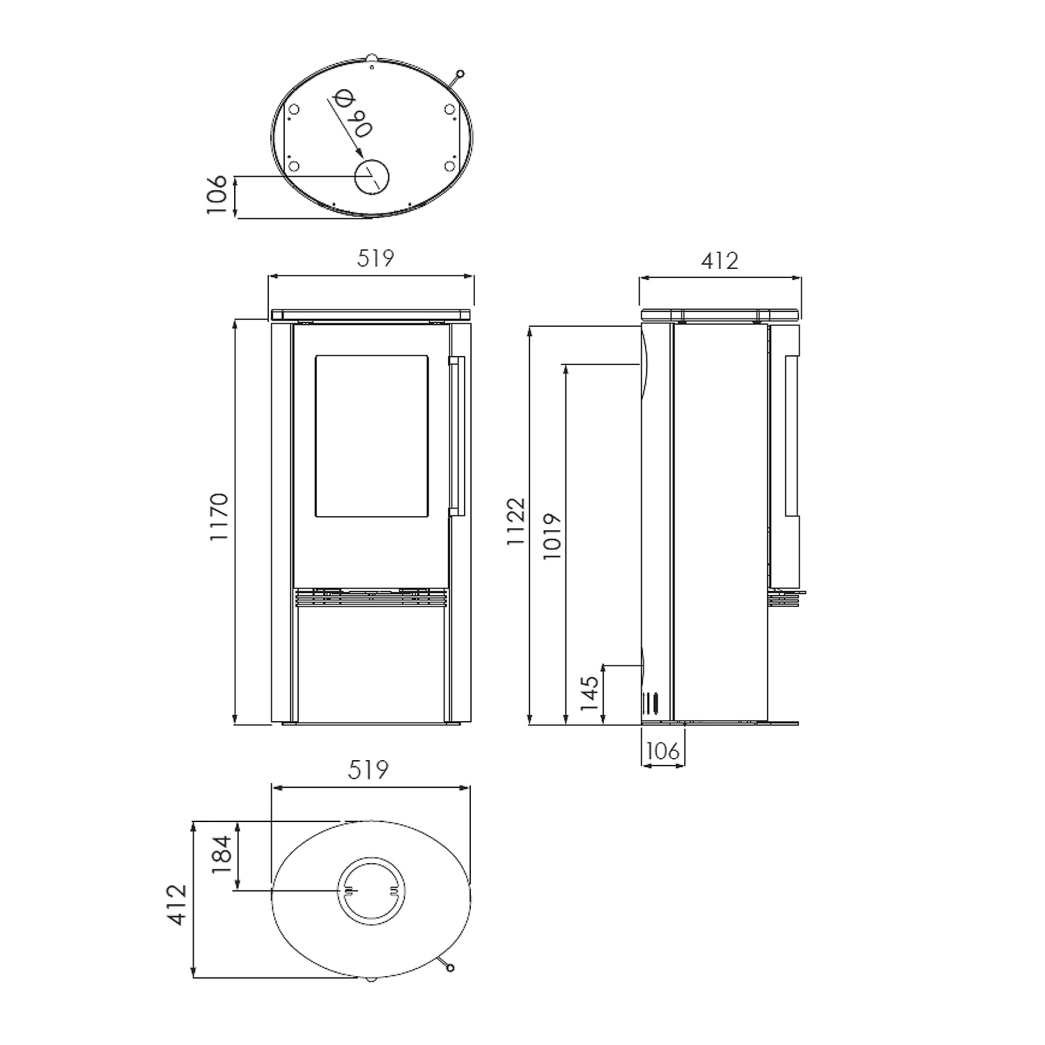 TermaTech TT21RH Poêle à bois Acier Noir Tuyau de fumée dessus / arrière