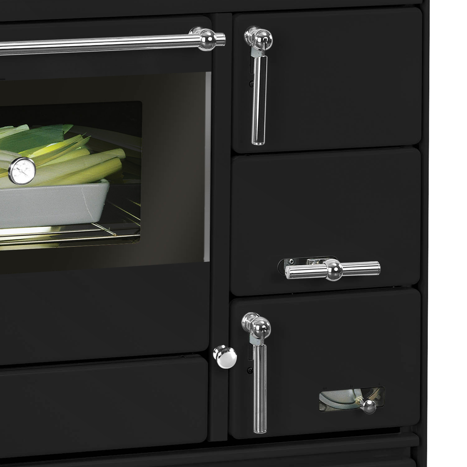 Justus Linz cuisinière à bois noir chromé, gauche