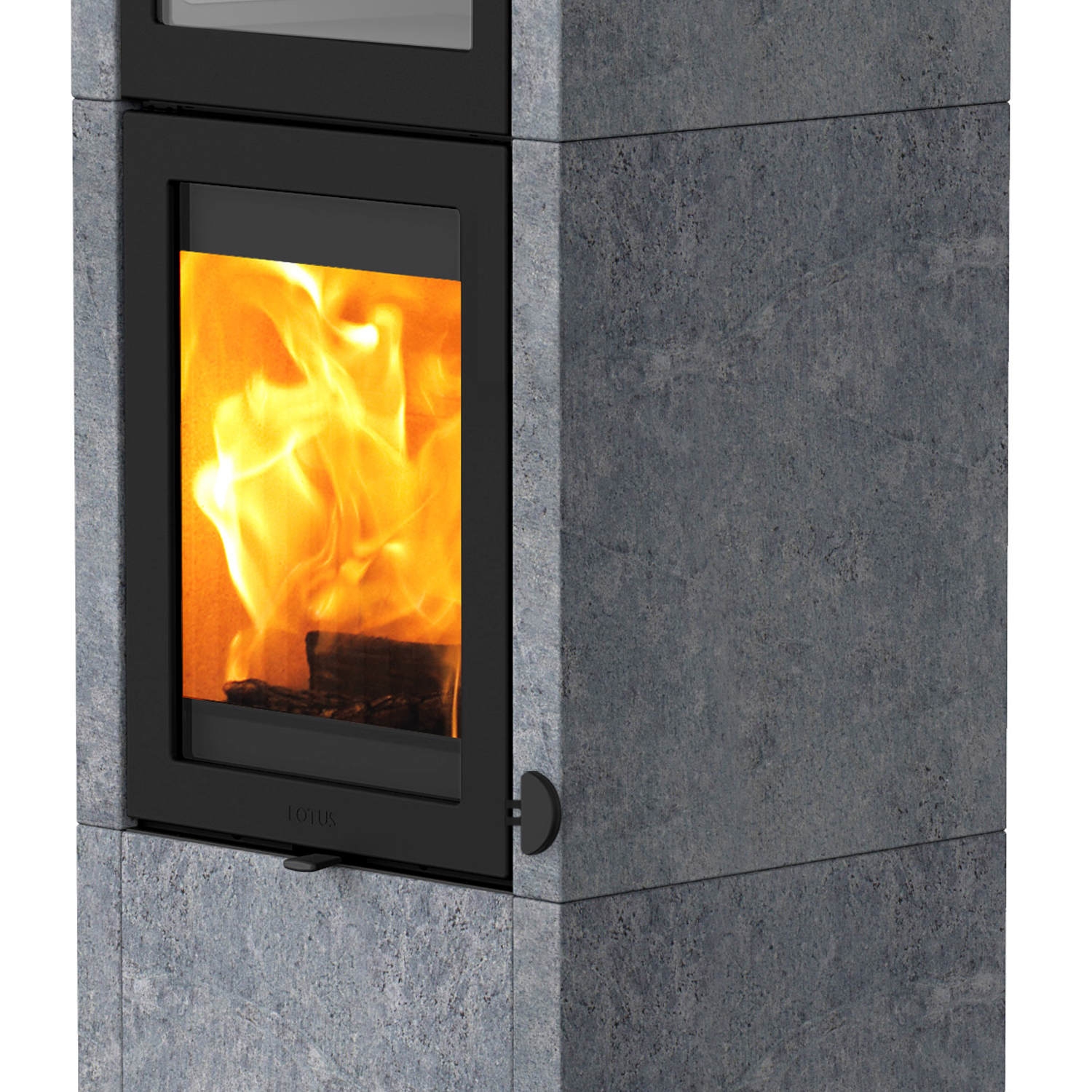 Lotus QM40 Poêle à bois en stéatite / Porte noire avec compartiment de cuisson, sortie de fumée par le haut