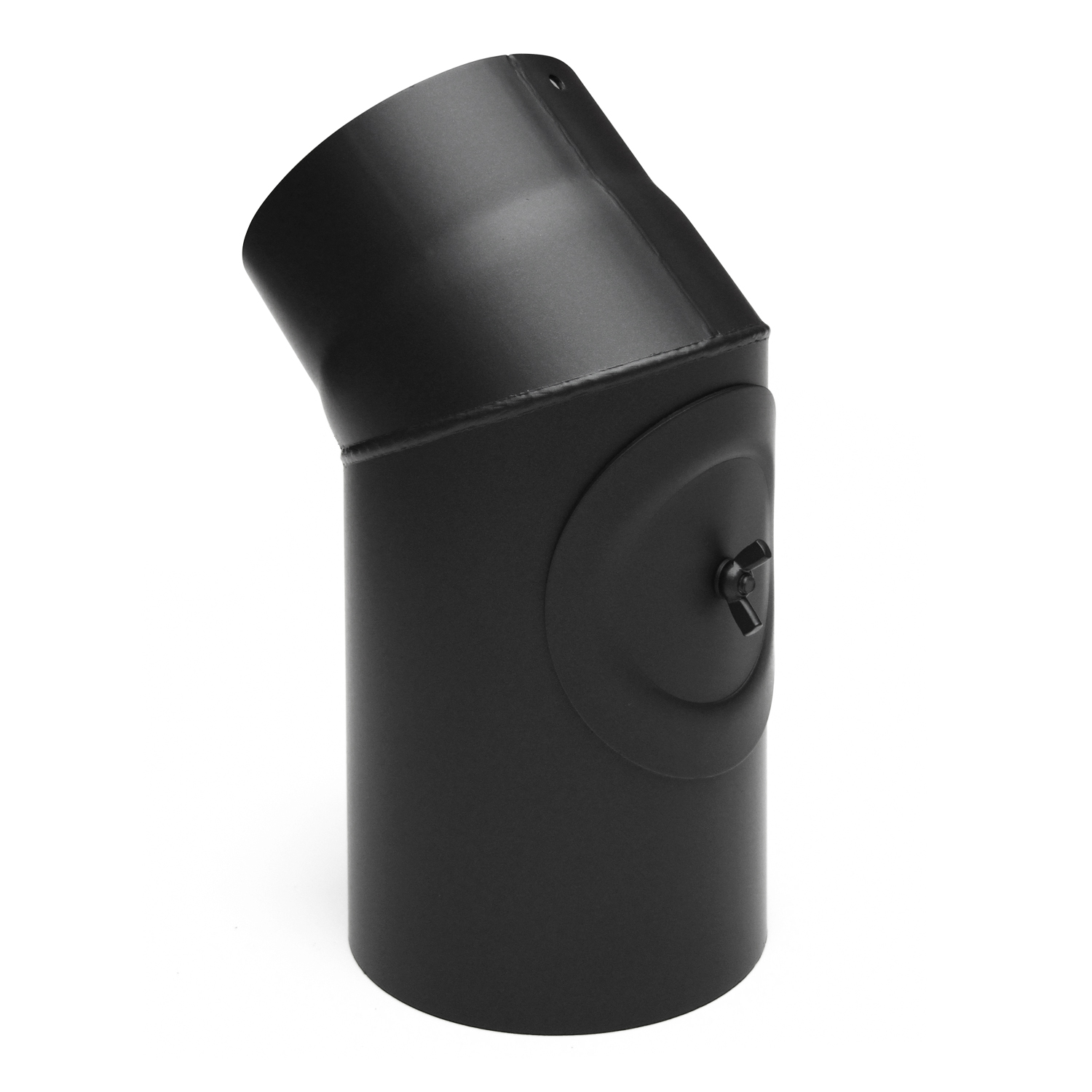 Coude de conduit de fumée / Tuyau de poêle 180mm - 45° avec ouverture de nettoyage noir Coude de conduit de fumée / Tuyau de poêle 180mm - 45° avec ouverture de nettoyage noir