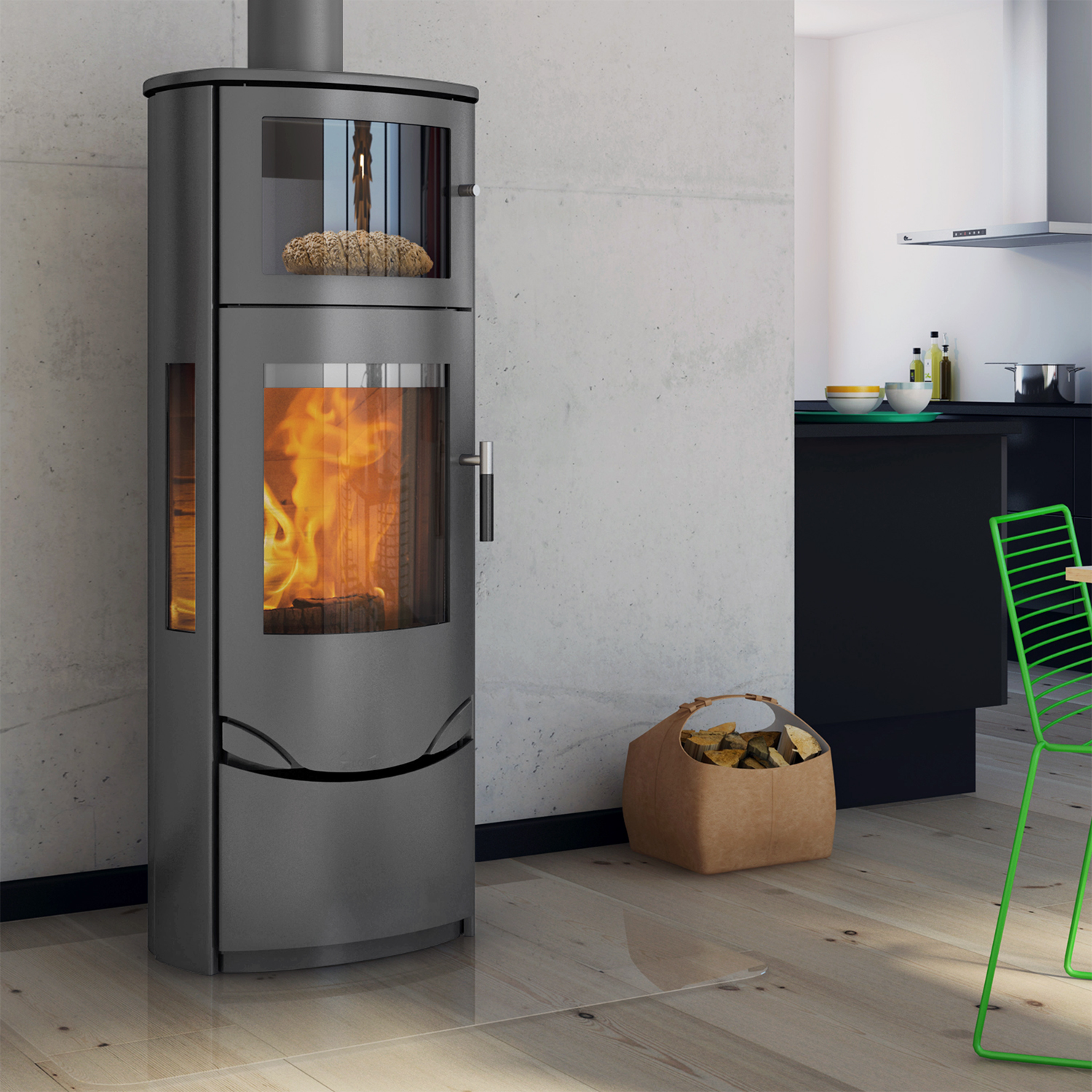 Poêle à bois Lotus Prio 7 Gris / Vitre latérale avec compartiment de cuisson, évacuation des fumées par le haut