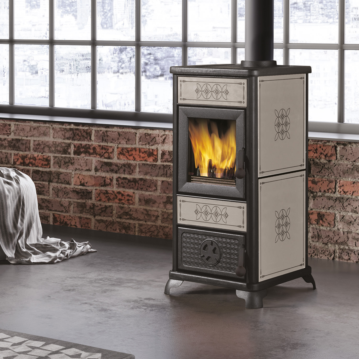 EK63 Decor poêle à bois céramique gris colombe tuyau de fumée dessus