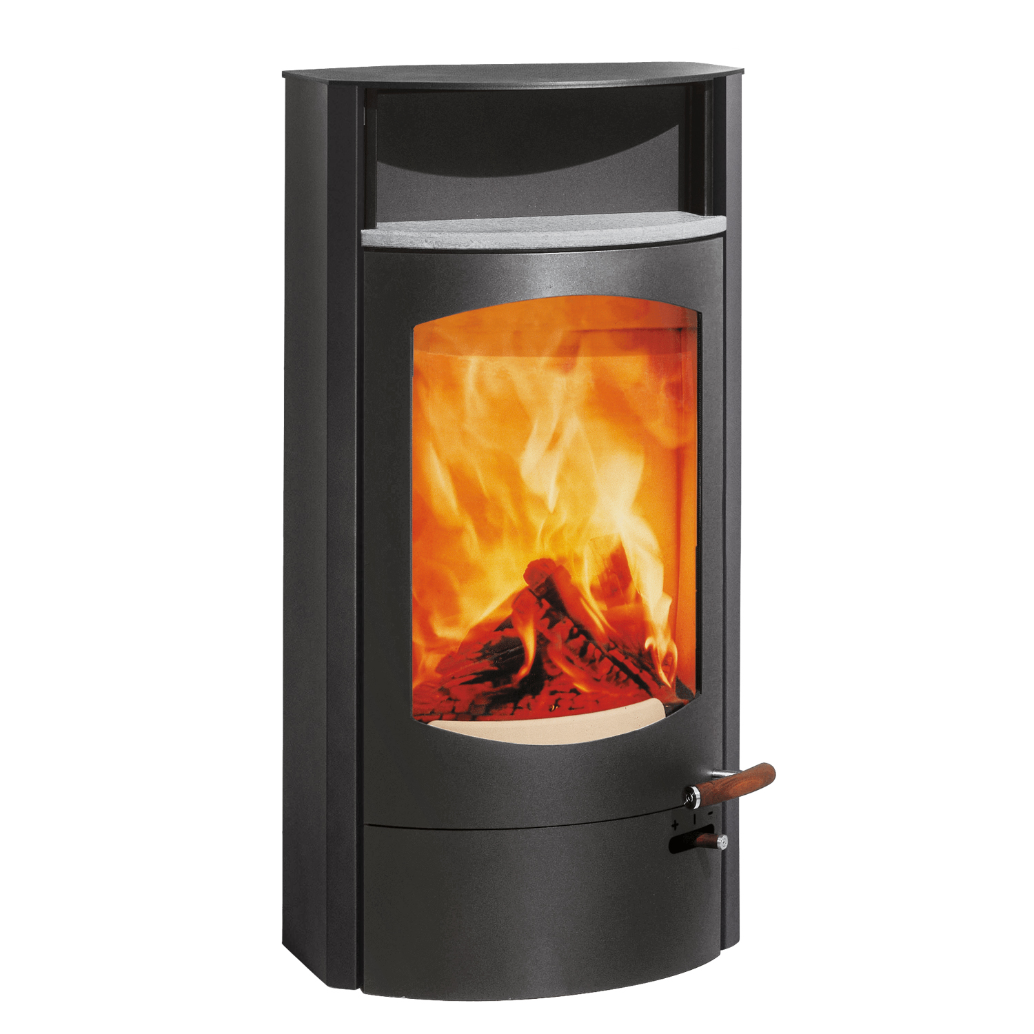 Austroflamm Koko 2.0 Poêle à bois en acier gris fonte, compartiment de maintien au chaud en stéatite, plaque supérieure en fonte, RRA à l'arrière.