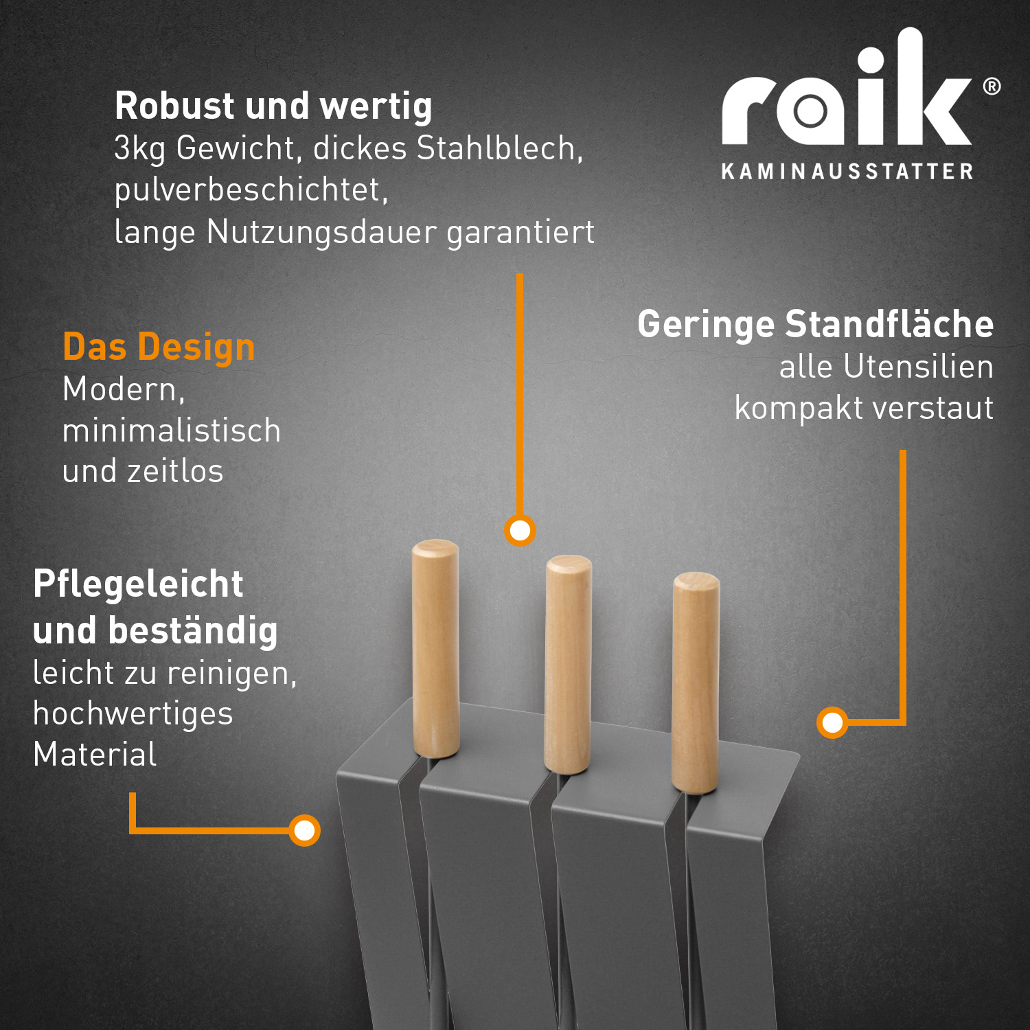 Raik Ensemble d'outils de cheminée Gustav, 3 pièces, anthracite, poignées en bois, 60 cm