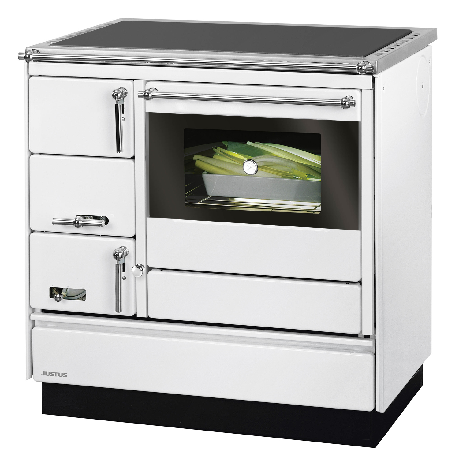 Justus Linz cuisinière à bois blanc chromé, droite