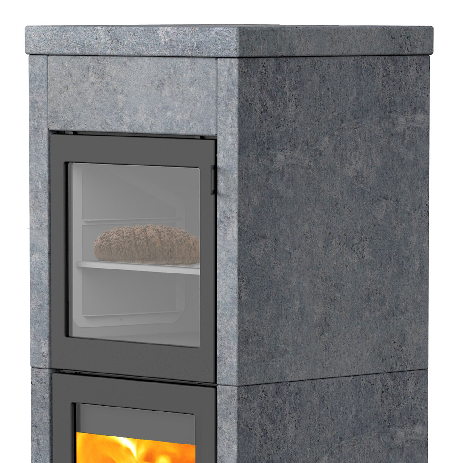 Lotus QM40 Poêle à bois en stéatite / Porte grise avec compartiment de cuisson, sortie de fumée par le haut