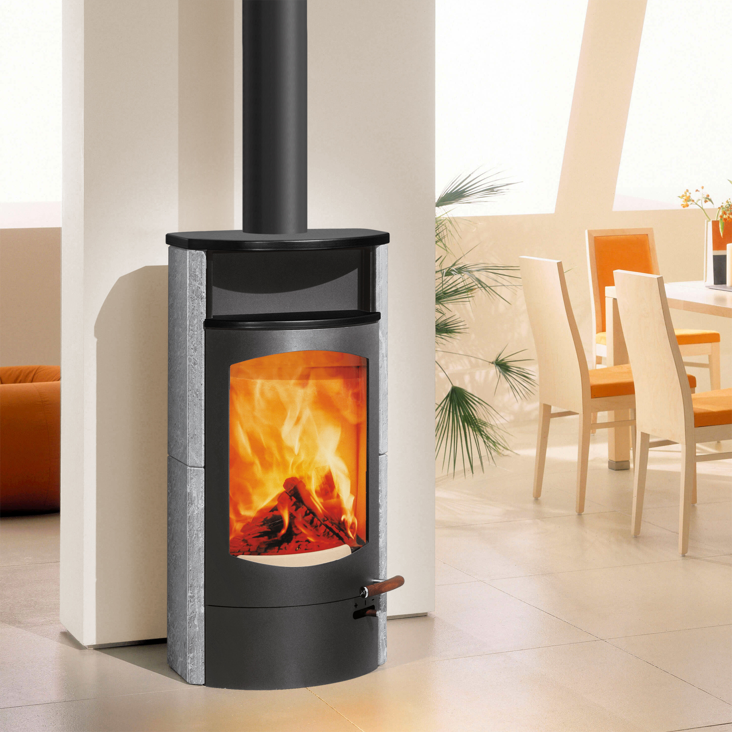 Austroflamm Koko 2.0 Poêle à bois en pierre ollaire, compartiment de maintien au chaud en céramique noir mat, plaque supérieure en céramique noir mat, sortie de fumée par le haut