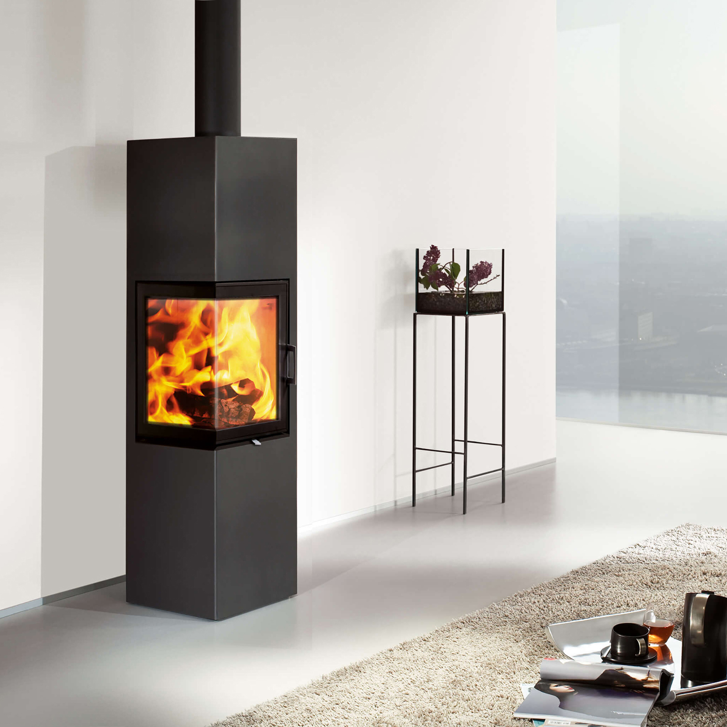 Austroflamm Slim 2.0 poêle à bois en acier gris fonte, ouverture de porte à gauche, raccordement supérieur ou arrière