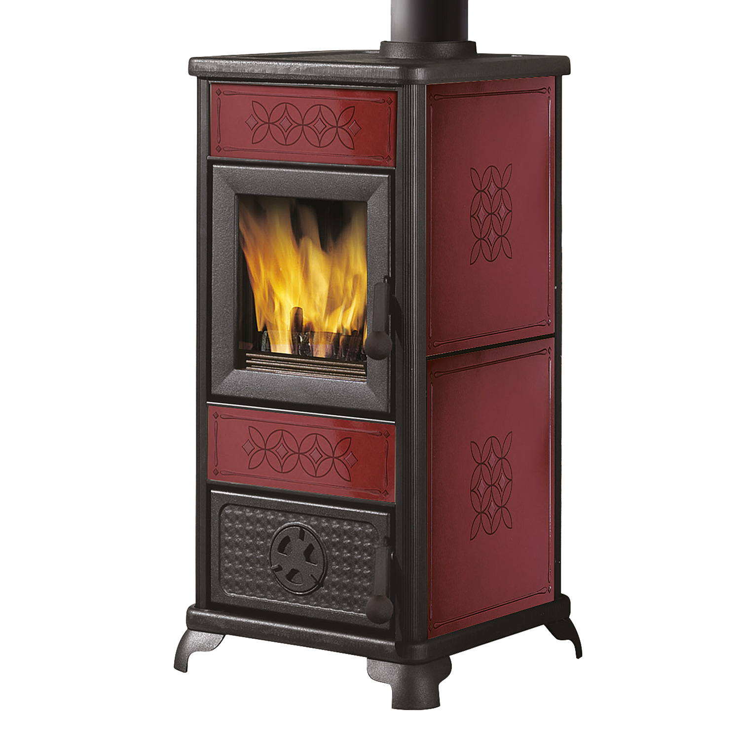 Poêle à bois décoratif EK63 en céramique bordeaux avec conduit de fumée supérieur.
