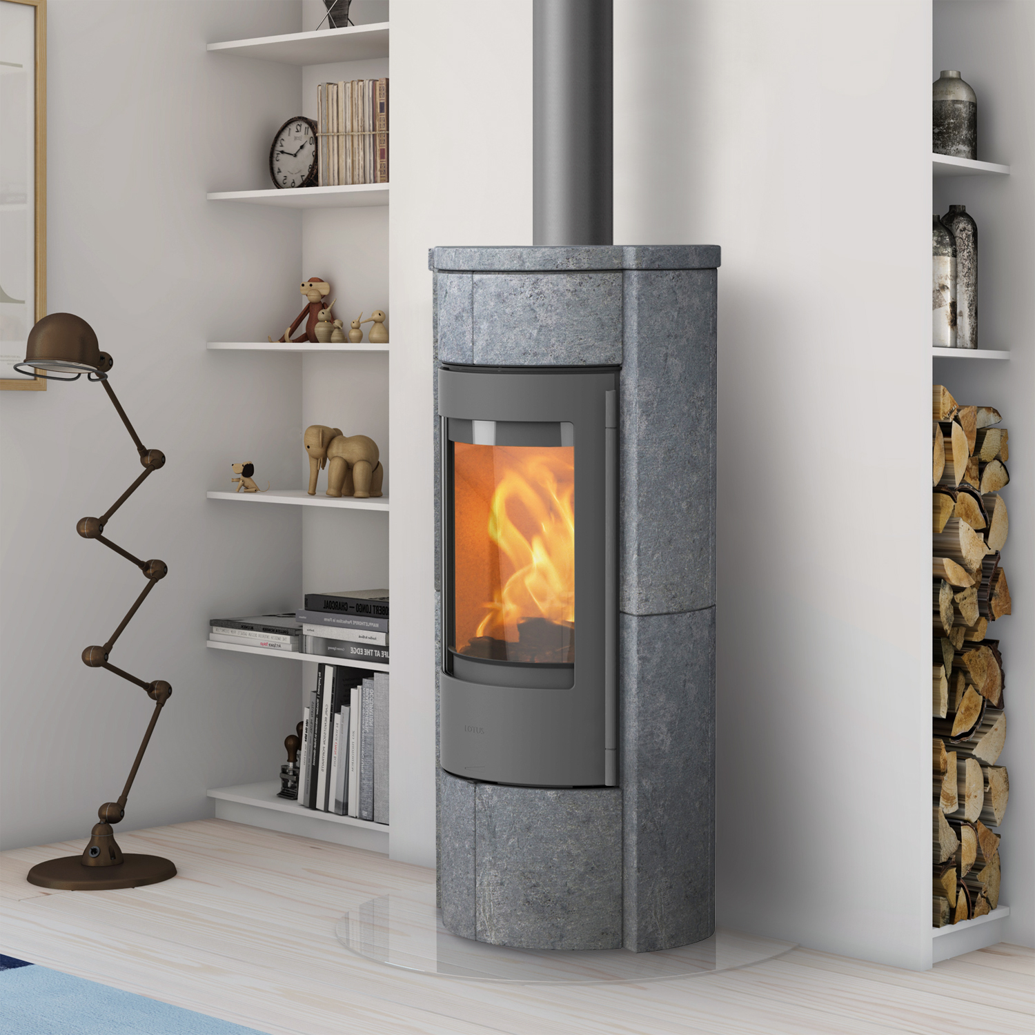 Poêle à bois Lotus Prestige M Gris/Pierre ollaire, évacuation des fumées par le haut Poêle à bois Lotus Prestige M Gris/Pierre ollaire, évacuation des fumées par le haut