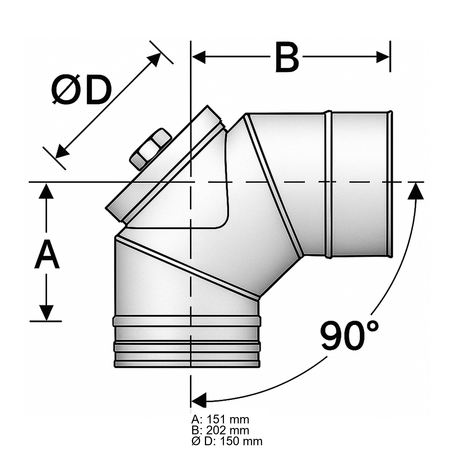 Schiedel PRIMA PLUS coude 90° Ø150 mm avec fermeture de révision pour huile/gaz simple paroi mat