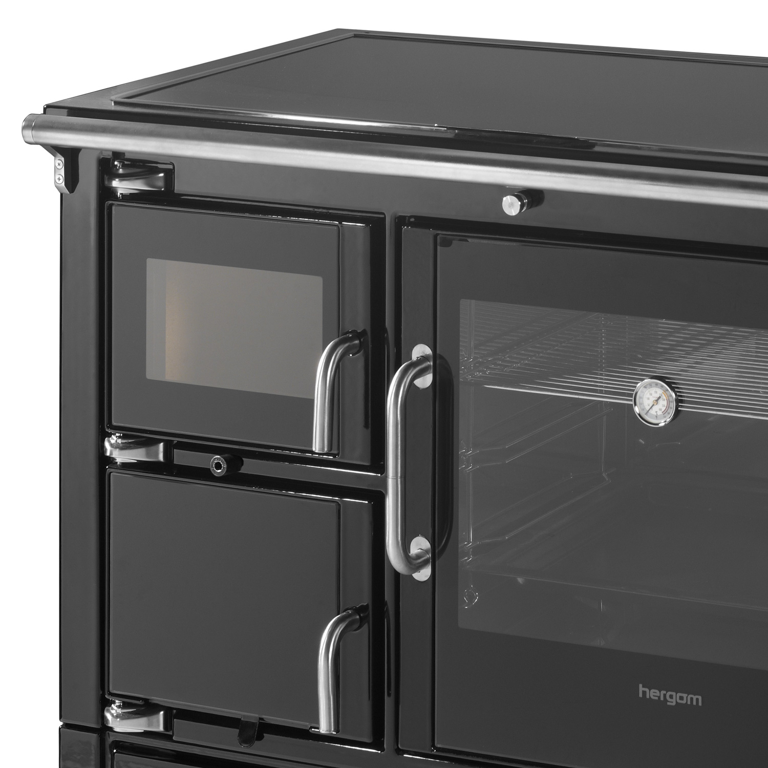 Hergom Eclecsys 100 SE cuisinière en fonte noire, avec couvercle de cuisinière en vitrocéramique.