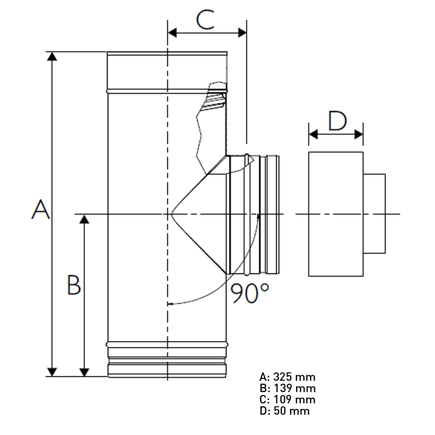 Schiedel PRIMA PLUS té d’inspection 90° H1 Ø150 mm simple paroi mat