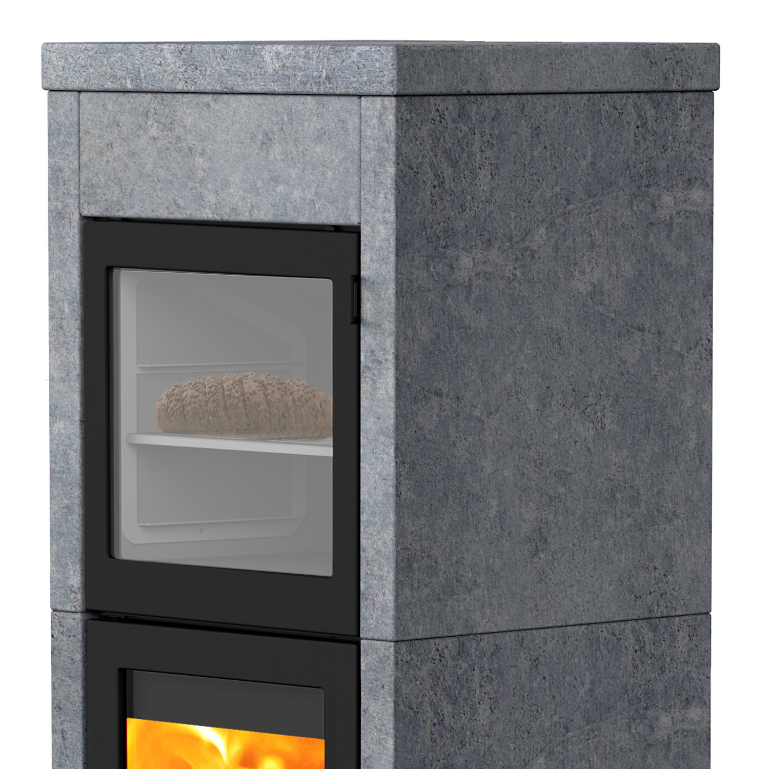 Lotus QM40 Poêle à bois en stéatite / Porte noire avec compartiment de cuisson, sortie de fumée par le haut