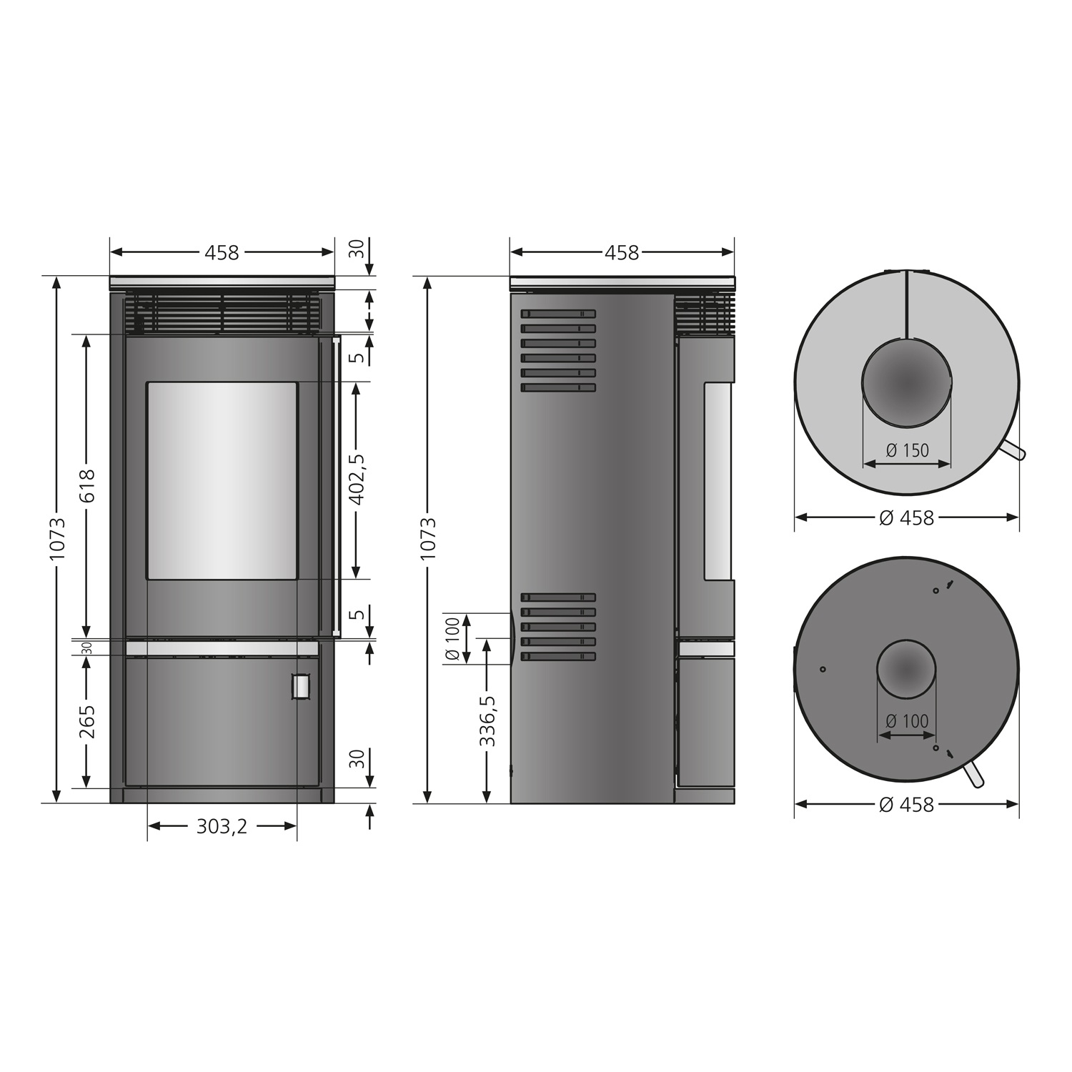 Poêle à bois Oranier Rota Top 2.0 en acier noir avec plaque de recouvrement en grès. Poêle à bois Oranier Rota Top 2.0 en acier noir avec plaque de recouvrement en grès.
