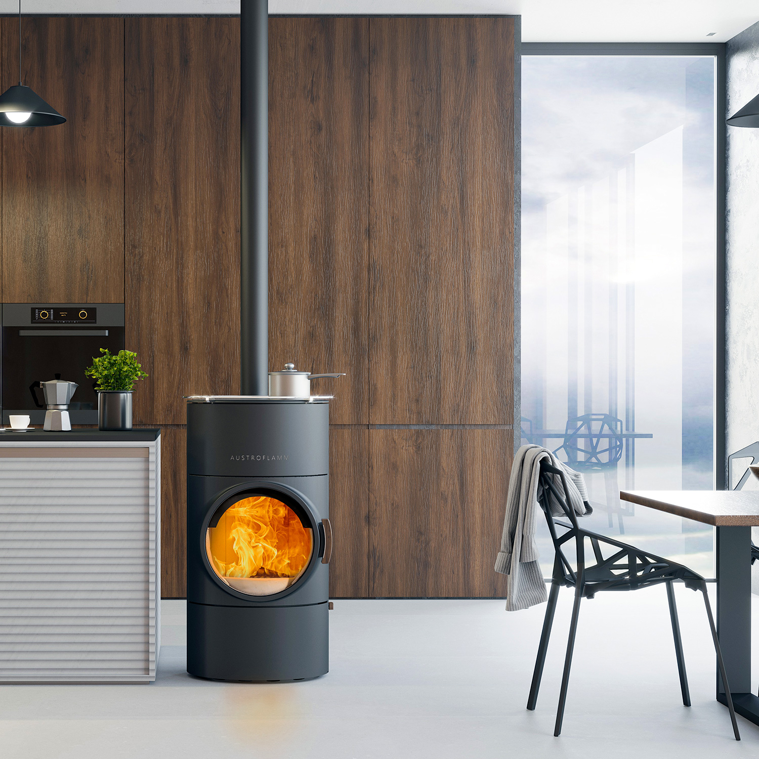 Austroflamm Clou compact Cook poêle à bois en acier gris fonte, sortie de fumée par le haut Austroflamm Clou compact Cook poêle à bois en acier gris fonte, sortie de fumée par le haut
