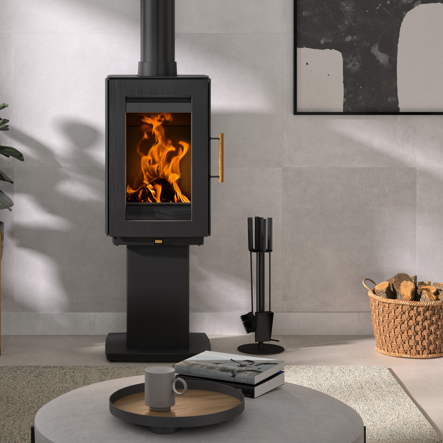 Poêle à bois Hergom Glow en fonte noire avec pied