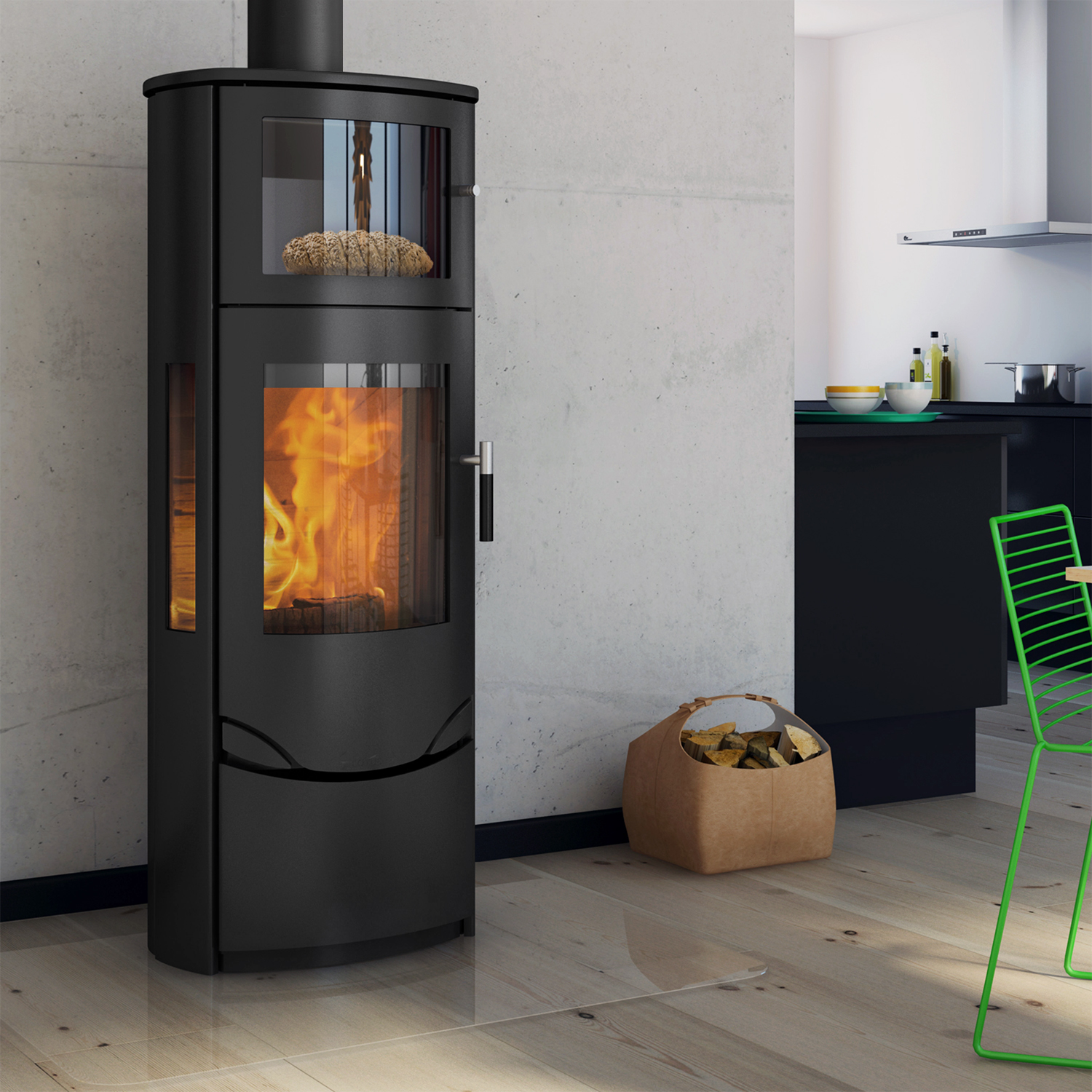 Lotus Prio 7 Poêle à bois Acier Noir avec compartiment four / verre latéral, paroi arrière droite ou paroi arrière supérieure