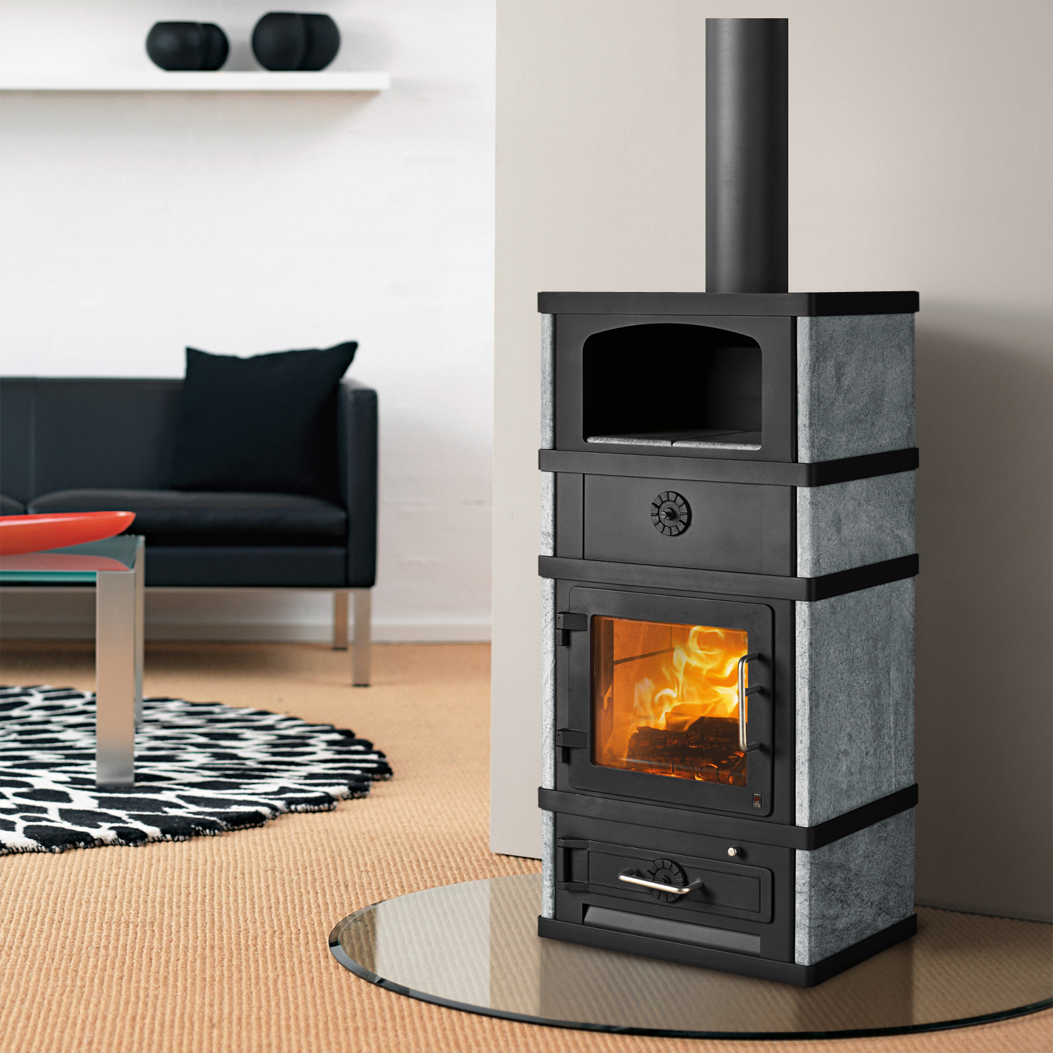 Poêle à bois Lotus 2080 avec compartiment de maintien au chaud, noir, sortie de fumée par le haut.