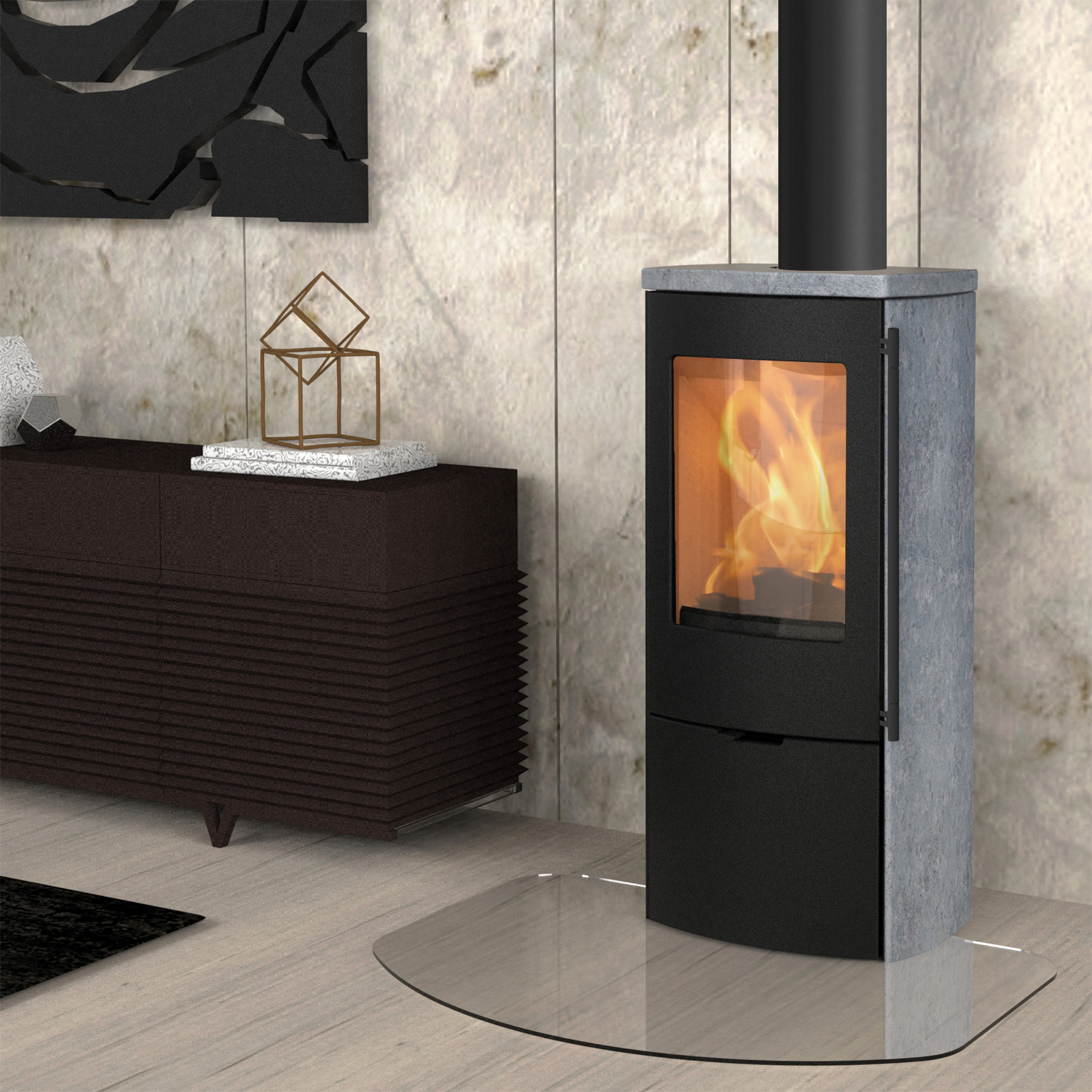 Poêle à bois Lotus Mondo 30 Noir / Pierre ollaire, raccordement de conduit de fumée par le haut.