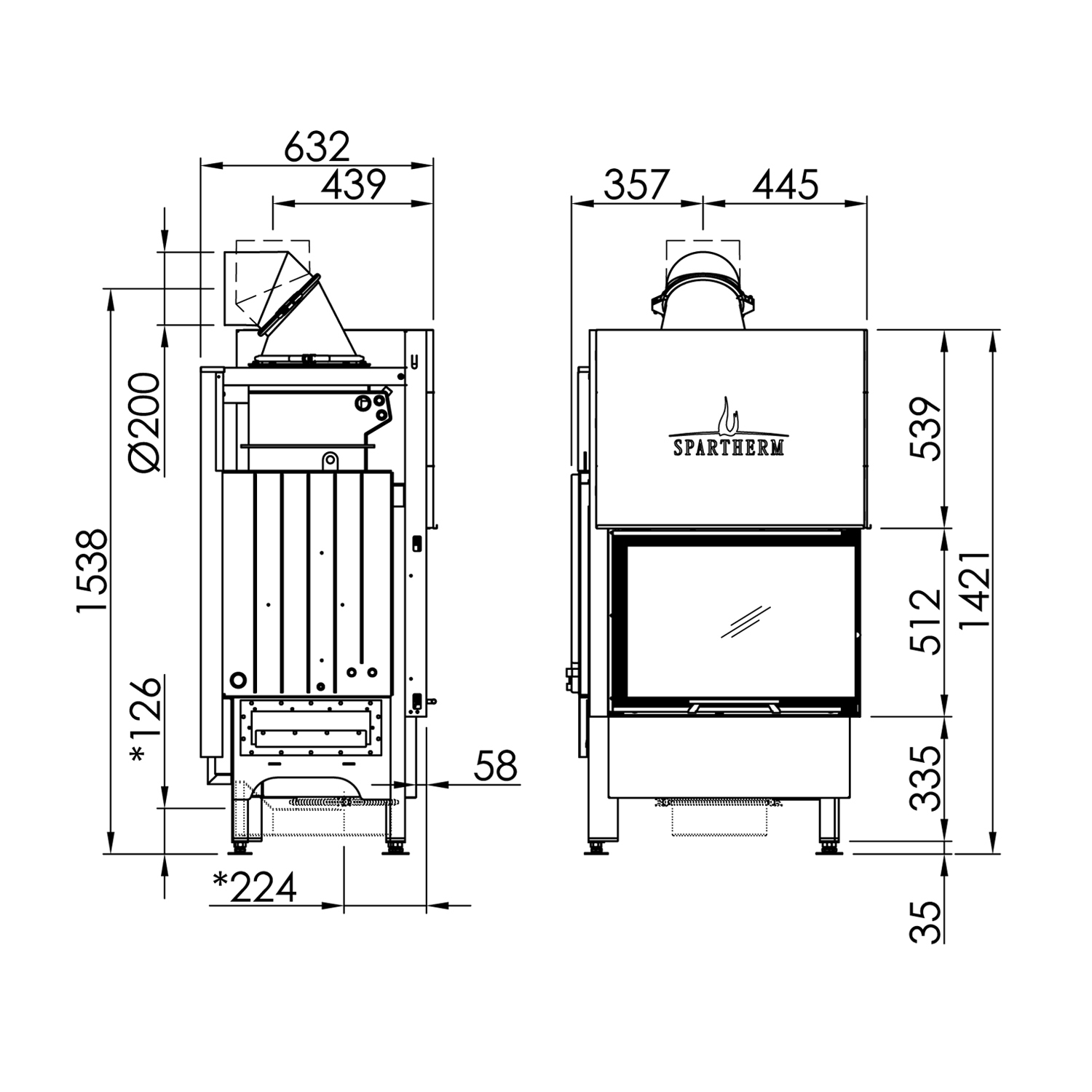 Spartherm Varia 2Rh H2O insert de cheminée à eau d'angle