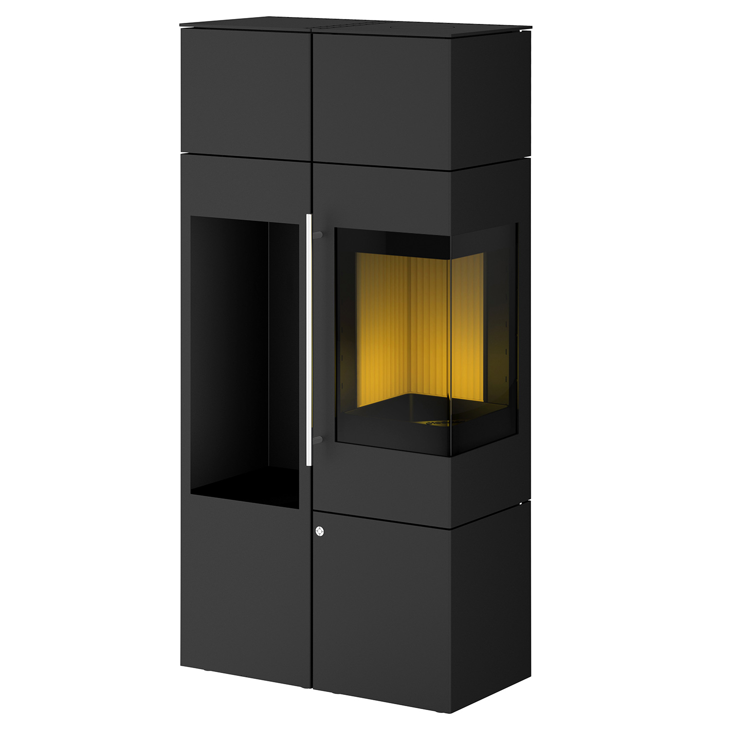 Olsberg Ipala Smart Compact poêle à bois en acier noir, ouverture de porte à droite, porte en acier avec module de stockage et étagère à bois à gauche.