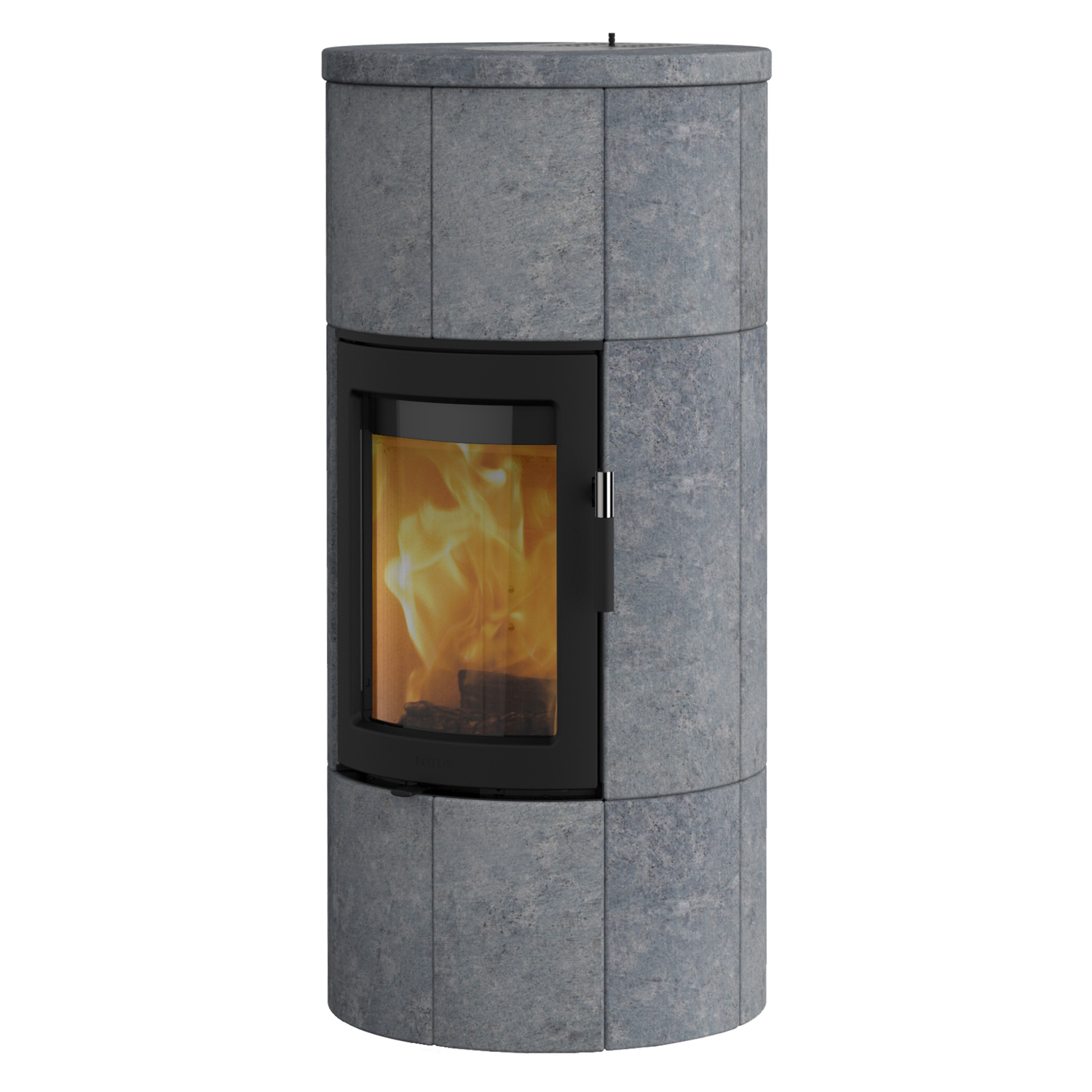 Lotus Maestro 1 poêle à bois pierre ollaire, porte noire, sortie de fumée arrière