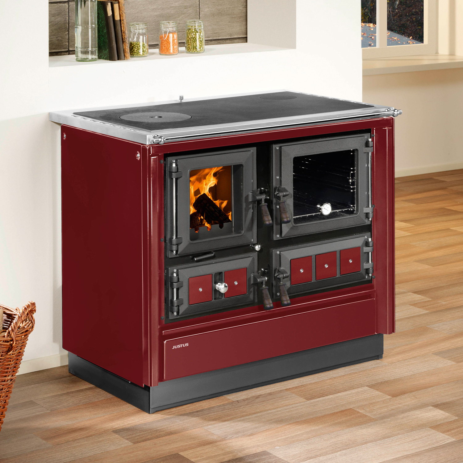 Justus Rustico-90 2.0 Poêle à bois en acier Bordeaux, four à droite