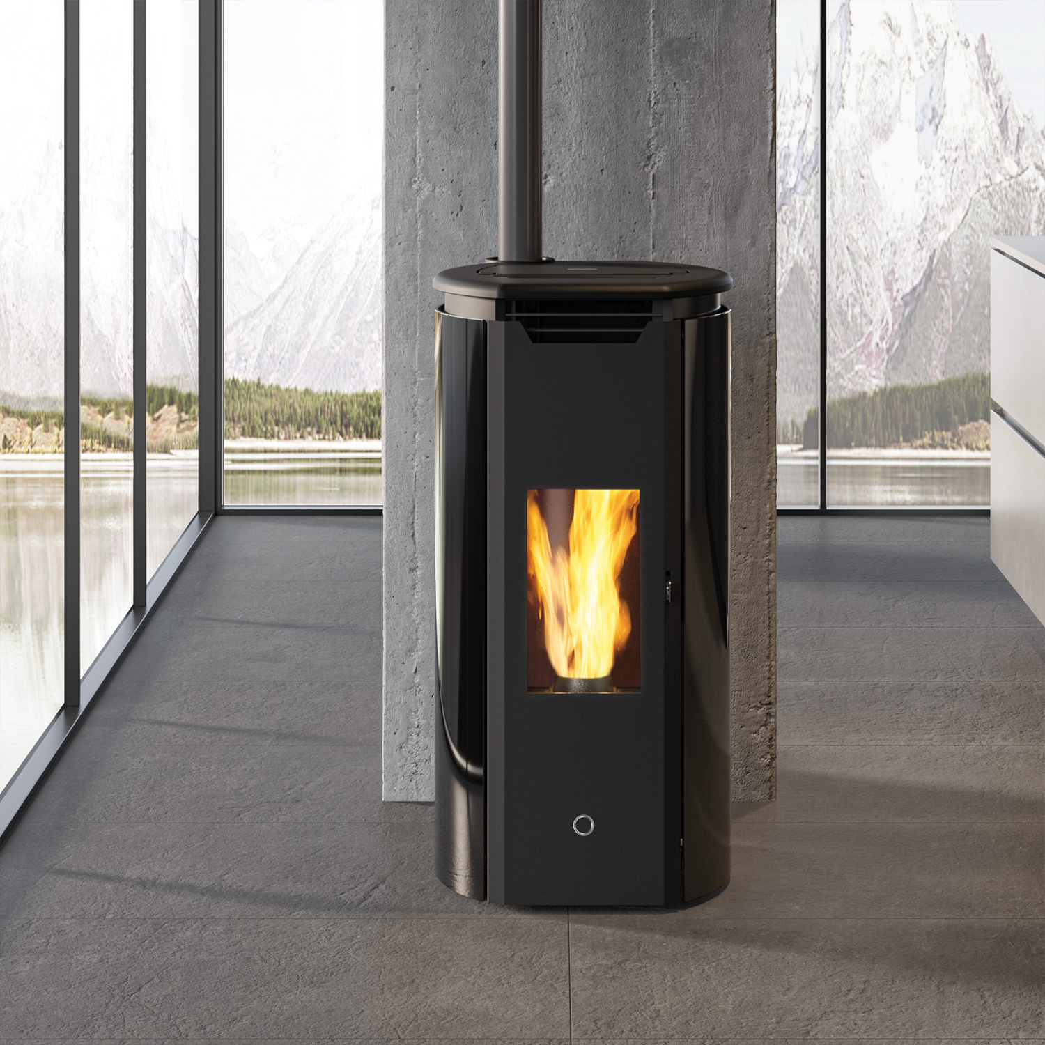EK63 Tweed90+ poêle à granulés verre noir raccordement tuyaux en haut
