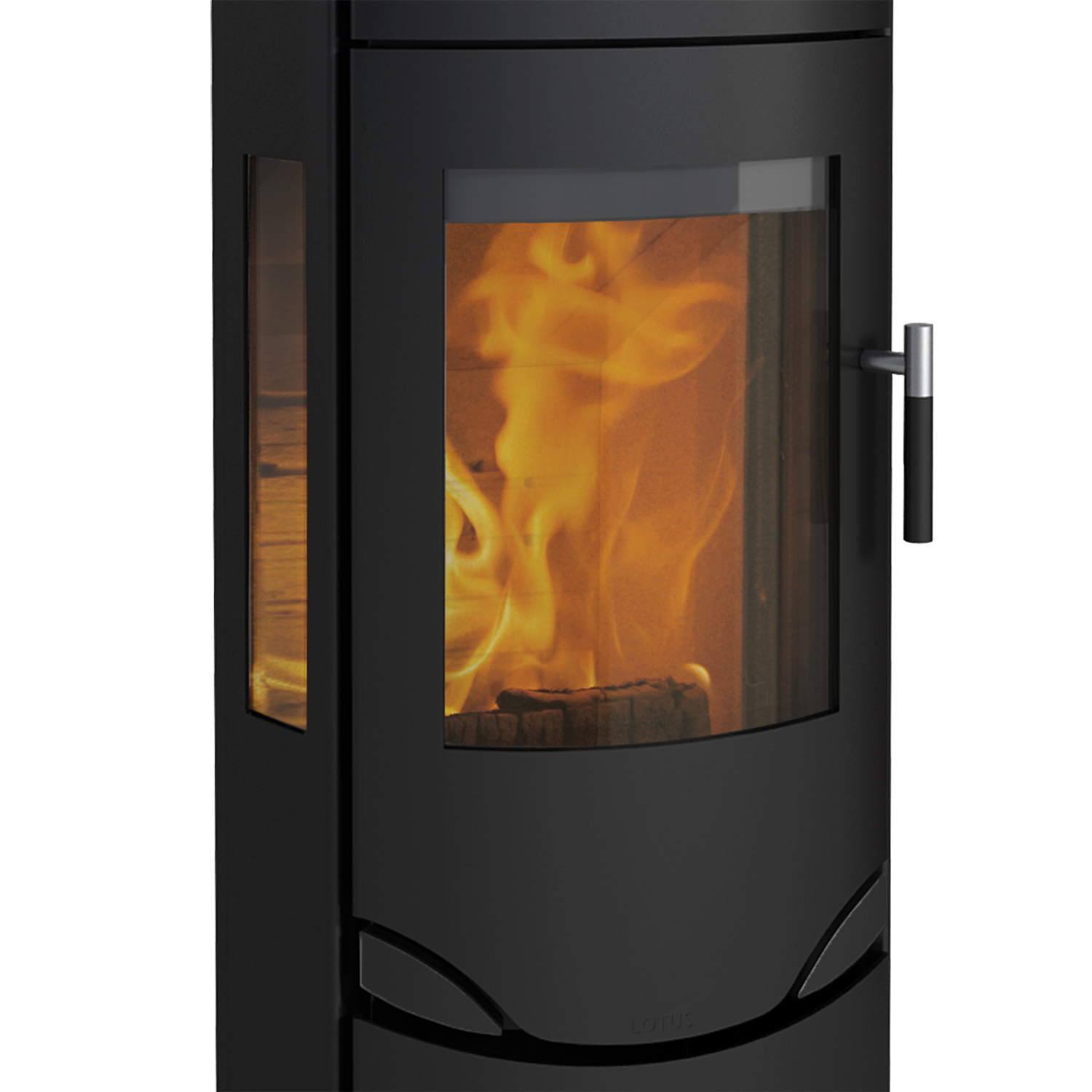 Poêle à bois Lotus Prio 7 Noir / Vitre latérale avec compartiment de cuisson, évacuation des fumées par le haut