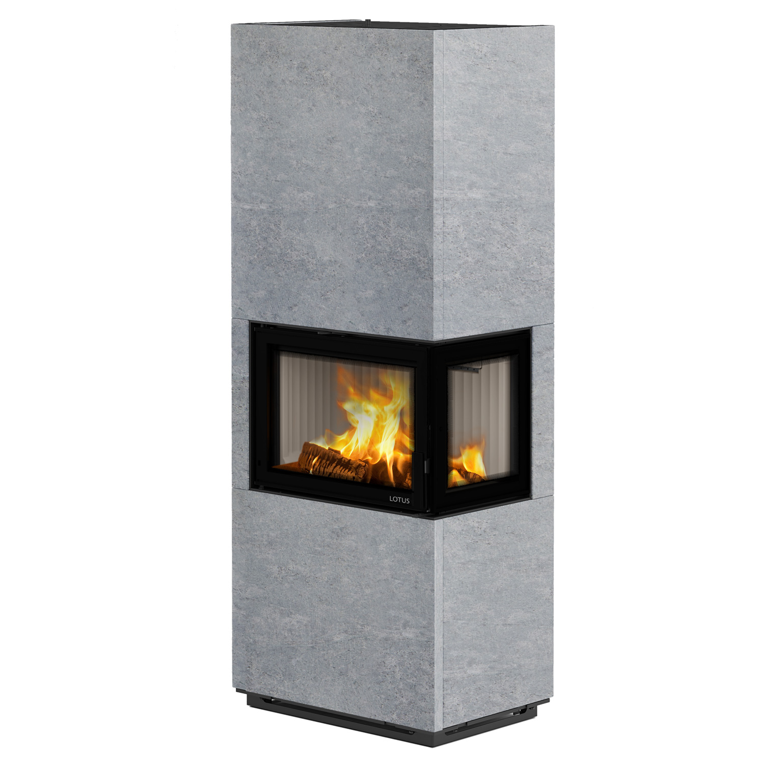 Poêle à bois Lotus Visto R en stéatite, vitre latérale à droite, évacuation des fumées par le haut