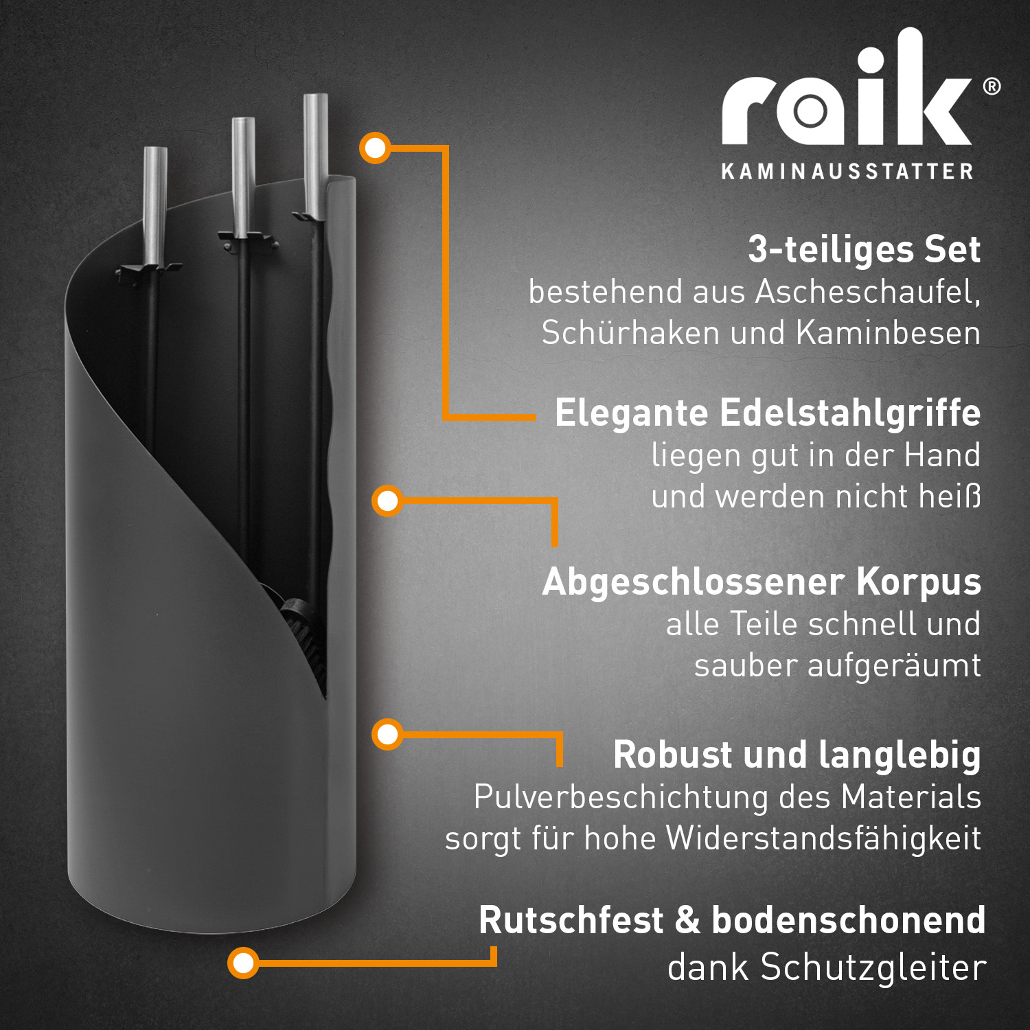 Raik Ensemble d'outils de cheminée Fritz, 3 pièces, noir, poignées en acier inoxydable, 61 cm