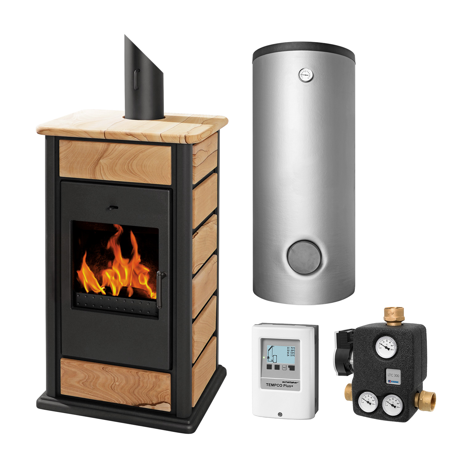 Schmitzker Alicante poêle à bois avec circulation d'eau Noir Sunshine - Ensemble complet avec réservoir tampon de 600L, y compris l'isolation. Schmitzker Alicante poêle à bois avec circulation d'eau Noir Sunshine - Ensemble complet avec réservoir tampon de 600L, y compris l'isolation.